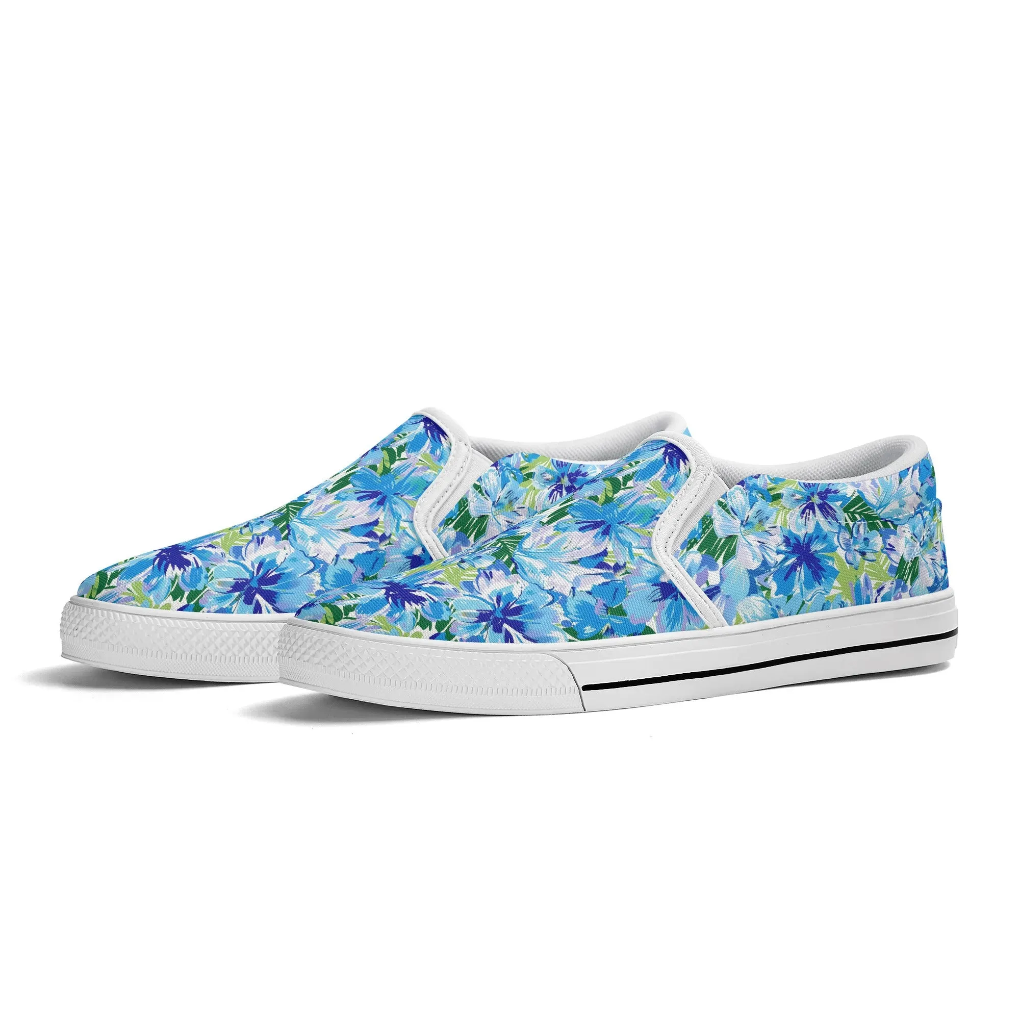 Azure Bloom Oasis: Bright Blue Large Flowers with Lush Green Palm Leaves Womens Canvas Slip On Shoes US5-US12