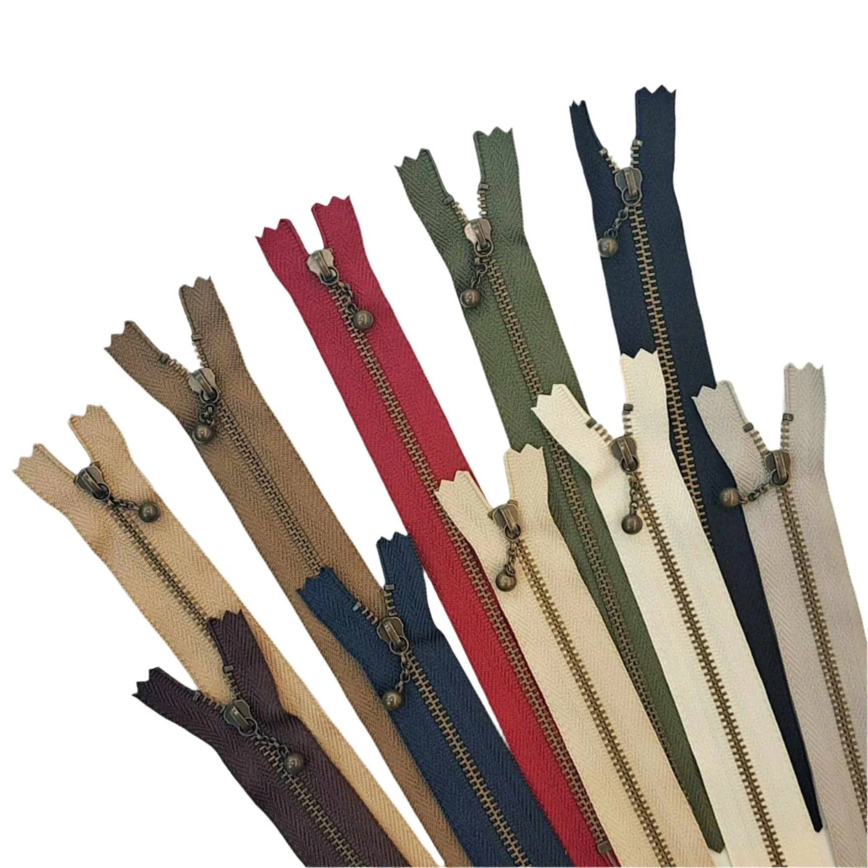 Ball Pull Zippers - Antique metal tab, 20cm - Choose Your Colour