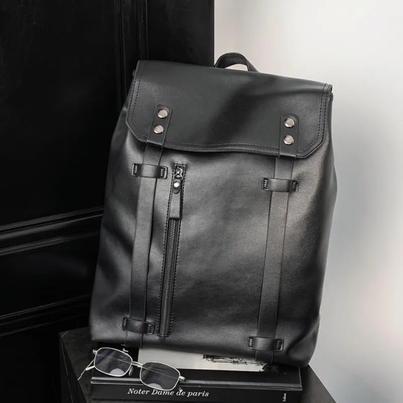 Black Leather Mens Large Capacity Business Backpack