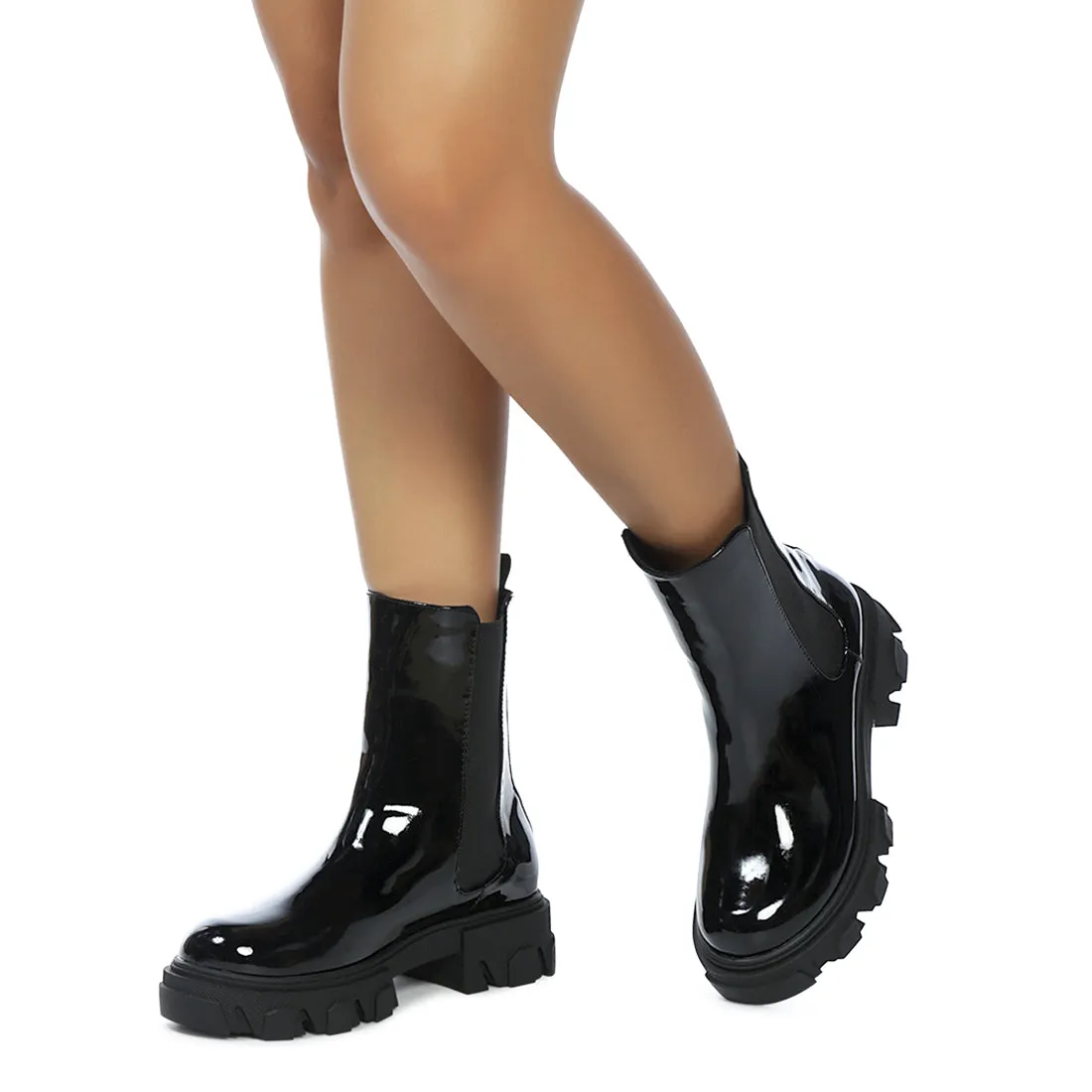 Black Patent PU Chunky Chelsea Boots
