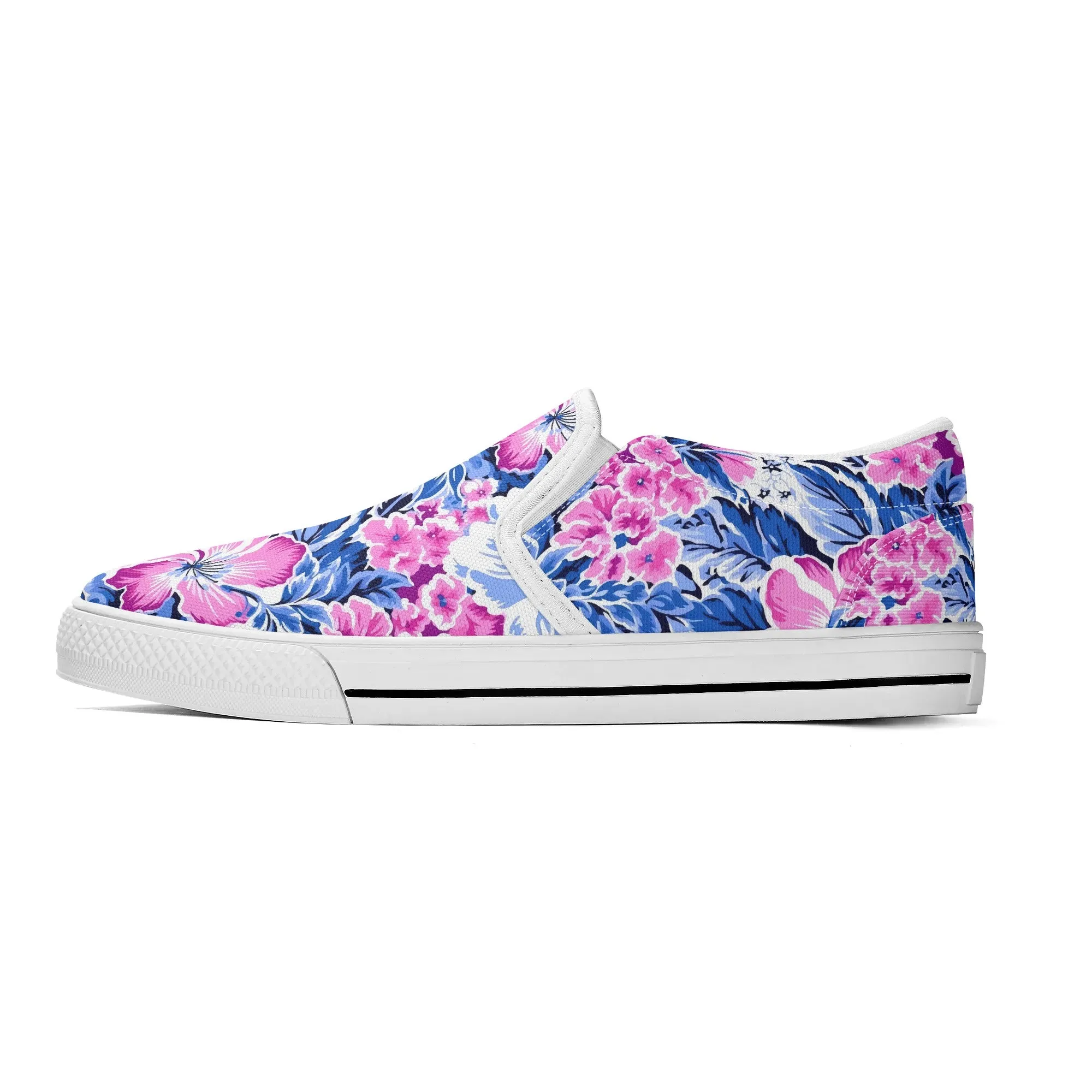 Bright Blooms: Pink and Blue Watercolor Hibiscus in Vivid Splendor Womens Canvas Slip On Shoes US5-US12