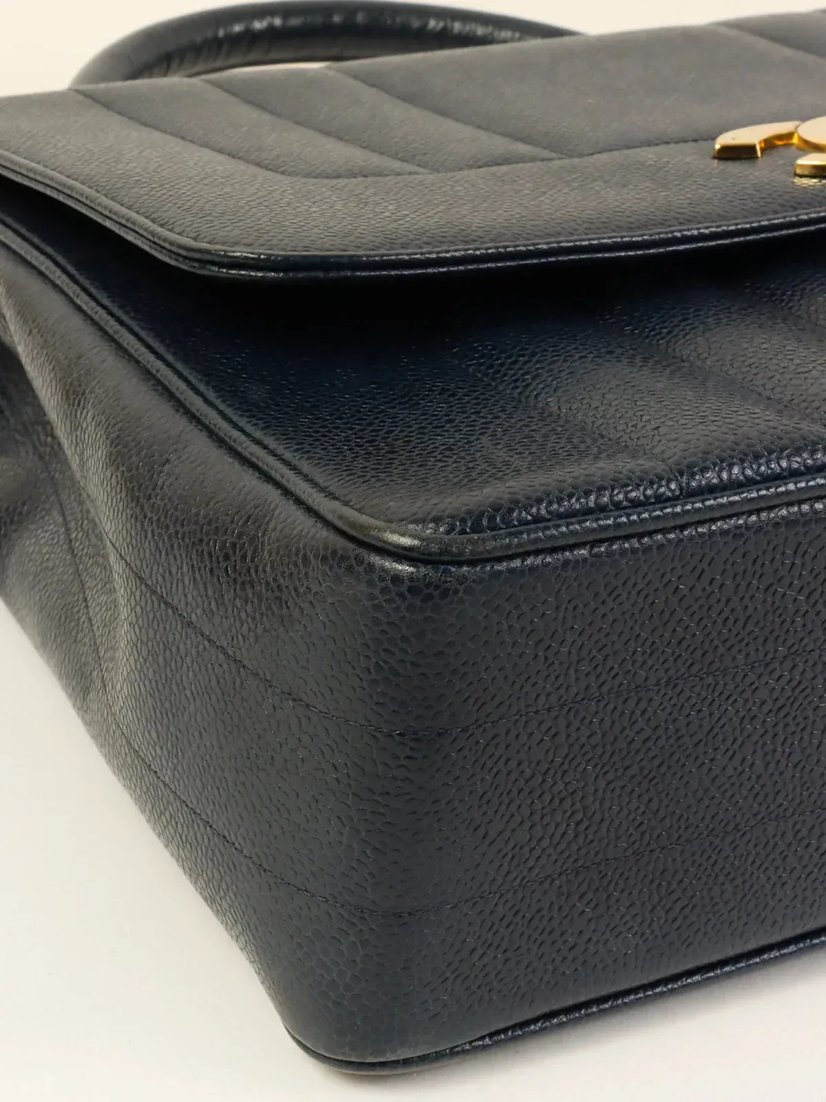 CHANEL Around 1995 Made Caviar Skin Mademoiselle Stitch Turn-Lock Top Handle Bag Navy