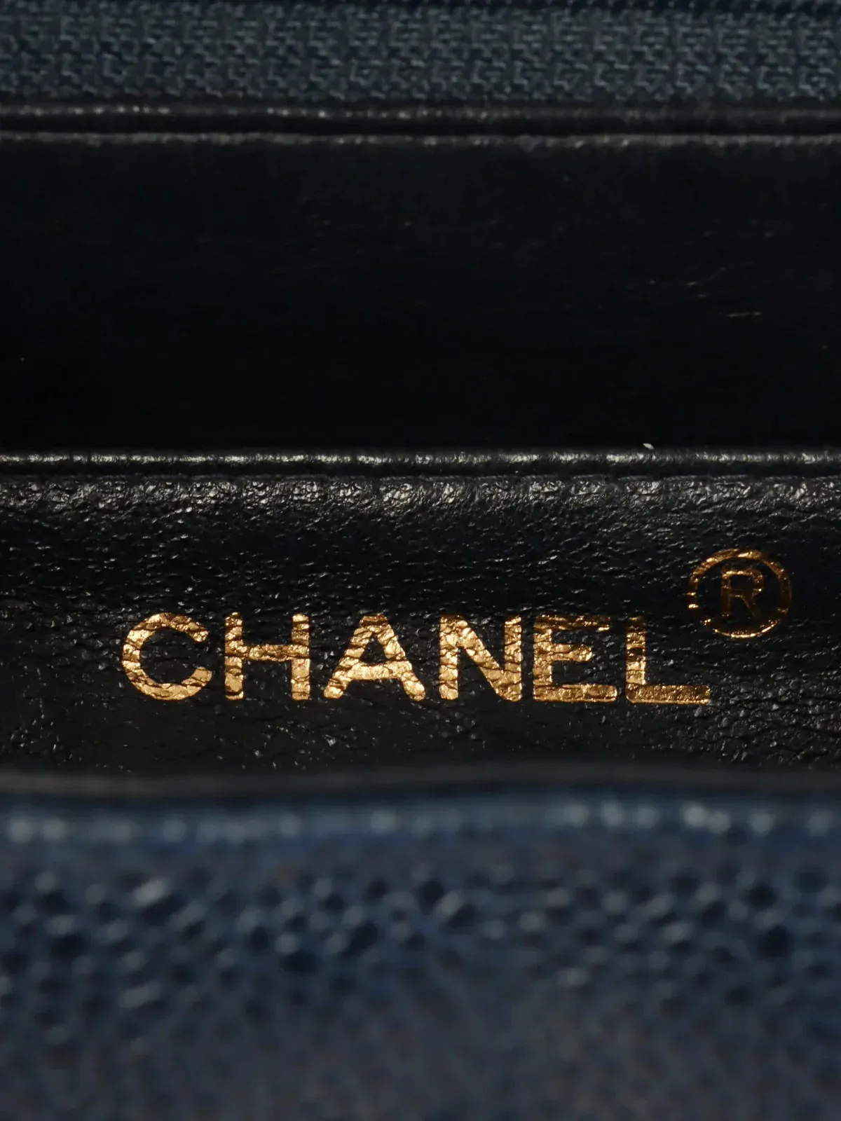 CHANEL Around 1995 Made Caviar Skin Mademoiselle Stitch Turn-Lock Top Handle Bag Navy