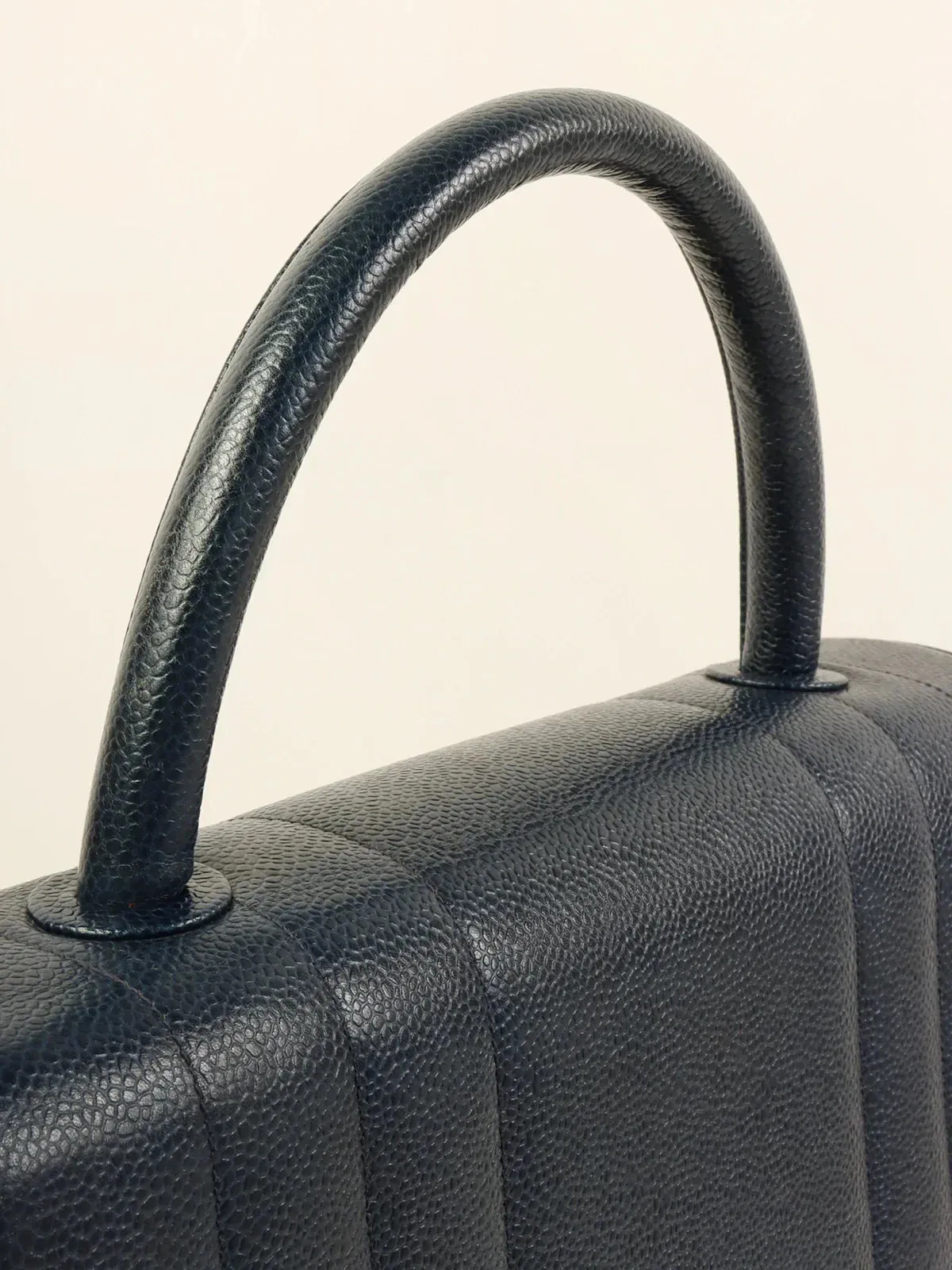 CHANEL Around 1995 Made Caviar Skin Mademoiselle Stitch Turn-Lock Top Handle Bag Navy