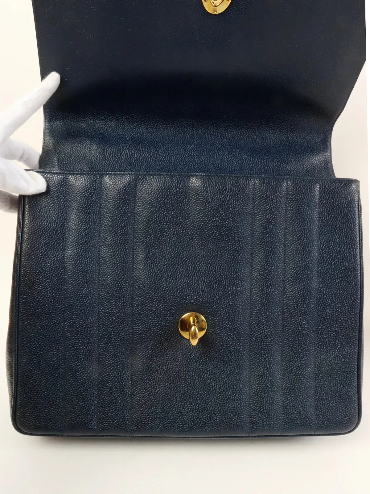 CHANEL Around 1995 Made Caviar Skin Mademoiselle Stitch Turn-Lock Top Handle Bag Navy