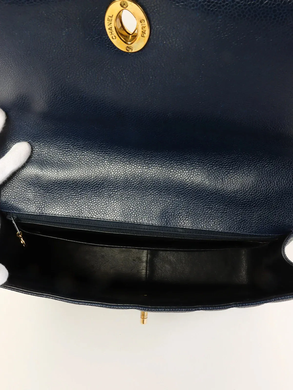 CHANEL Around 1995 Made Caviar Skin Mademoiselle Stitch Turn-Lock Top Handle Bag Navy