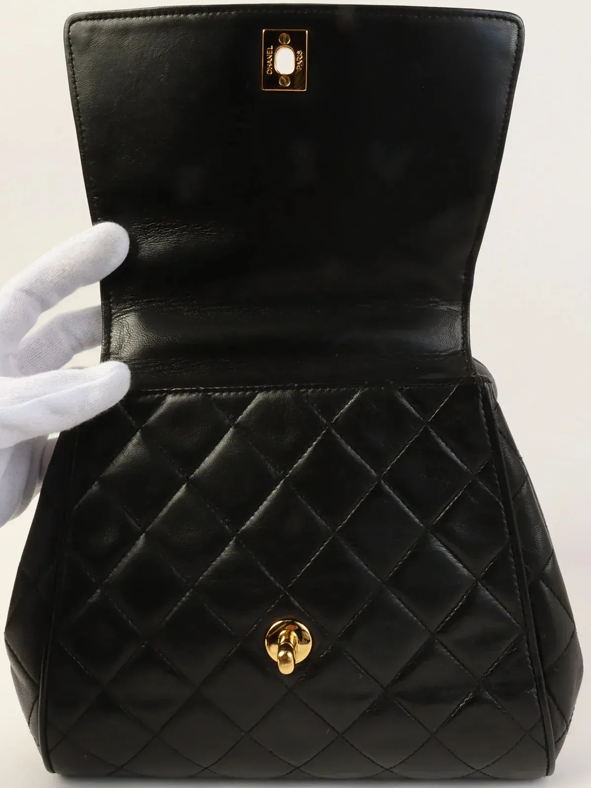 CHANEL Around 1995 Made Turn-Lock Top Handle Bag Black
