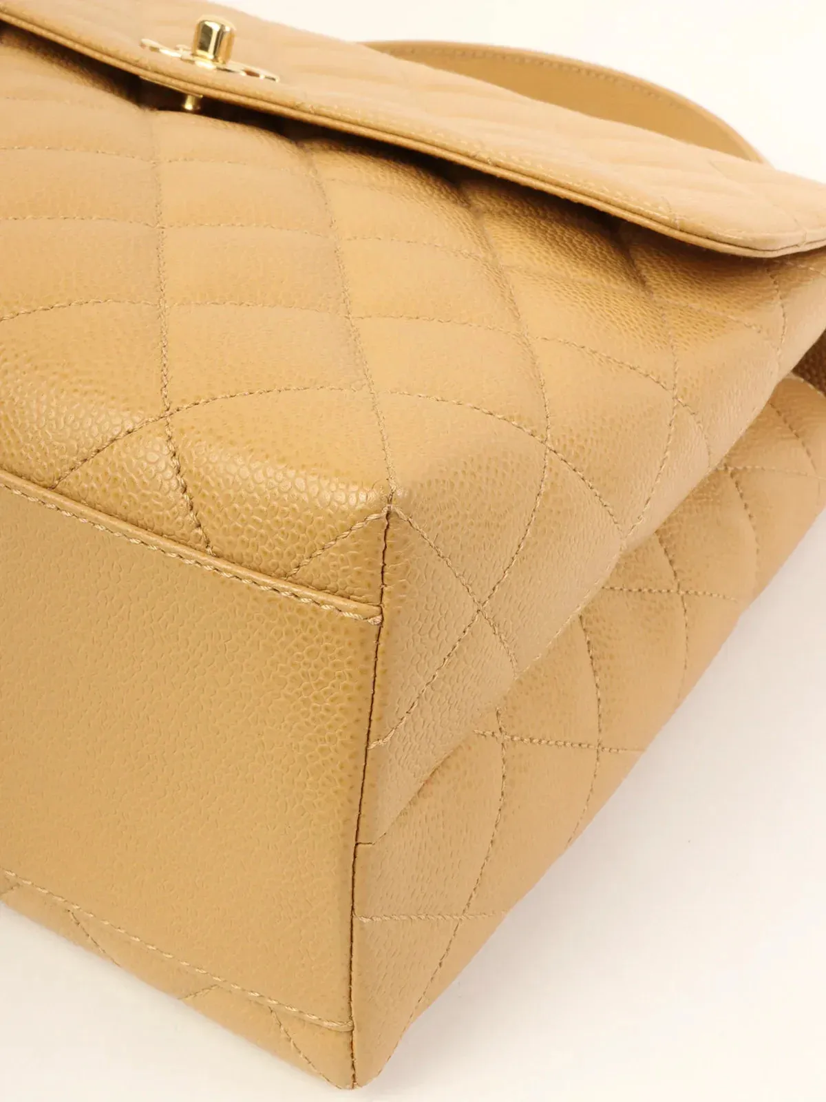 CHANEL Around 2000 Made Ciaviar Skin Stright Flap Turn-Lock Top Handle Bag Beige