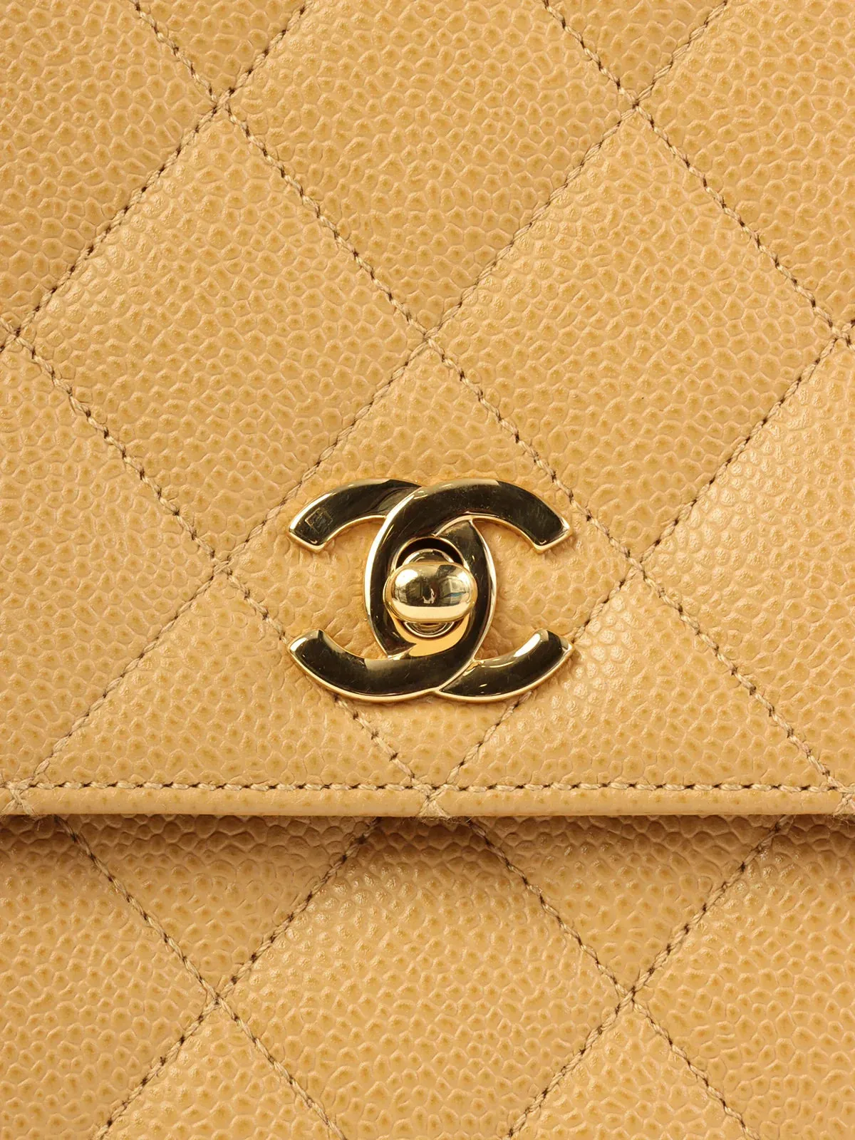 CHANEL Around 2000 Made Ciaviar Skin Stright Flap Turn-Lock Top Handle Bag Beige