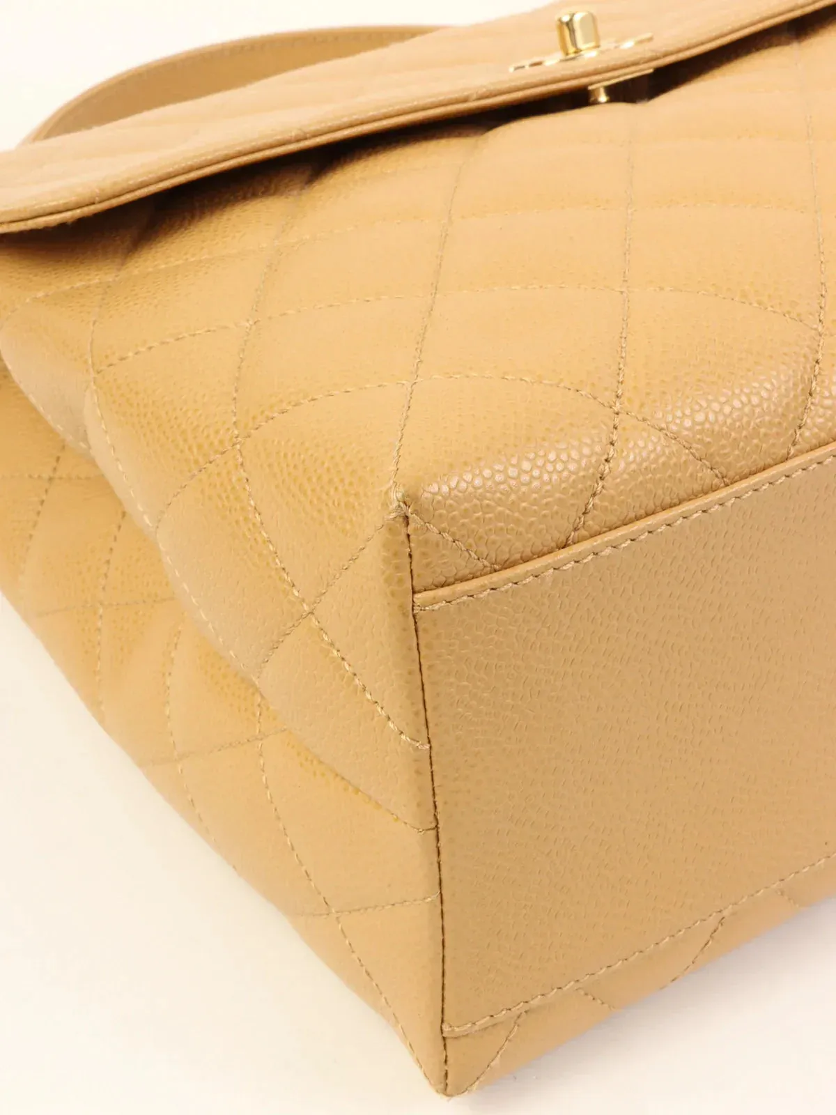 CHANEL Around 2000 Made Ciaviar Skin Stright Flap Turn-Lock Top Handle Bag Beige