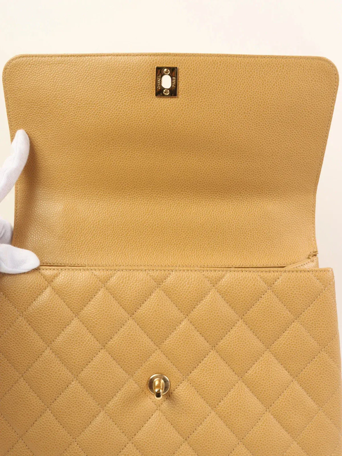 CHANEL Around 2000 Made Ciaviar Skin Stright Flap Turn-Lock Top Handle Bag Beige
