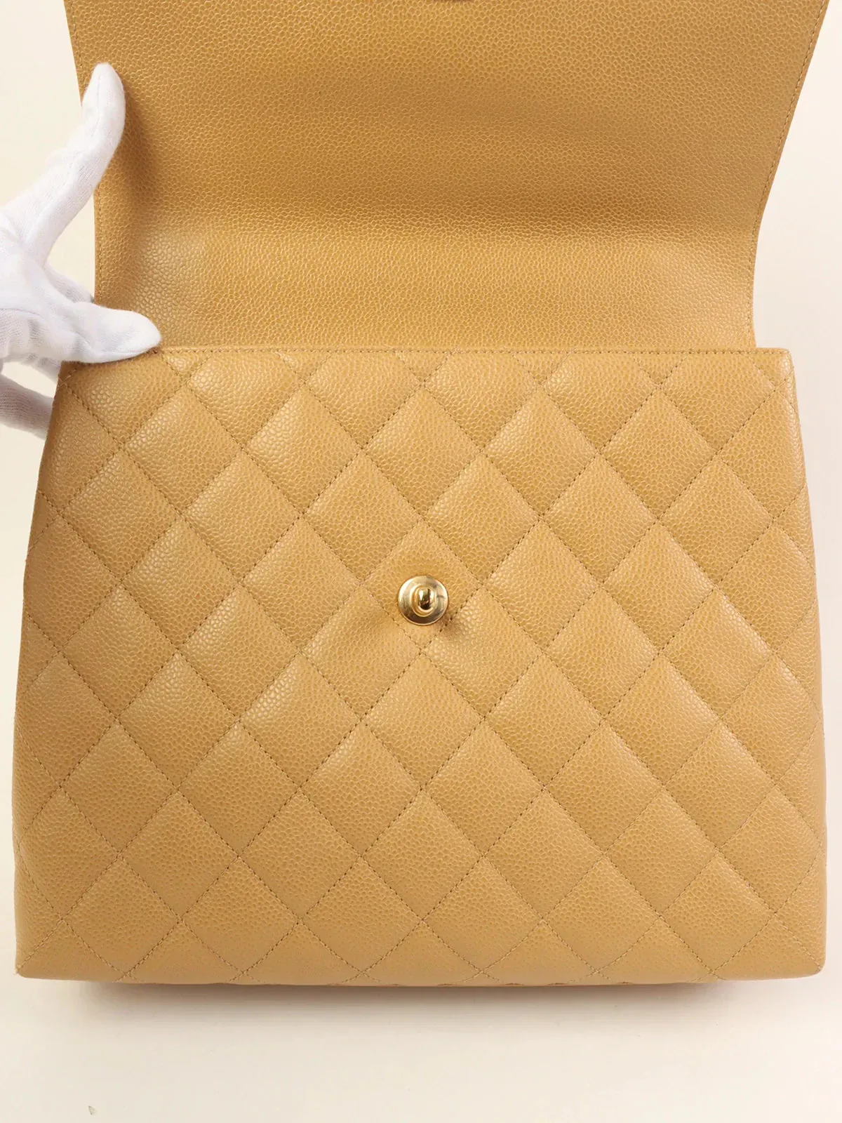 CHANEL Around 2000 Made Ciaviar Skin Stright Flap Turn-Lock Top Handle Bag Beige