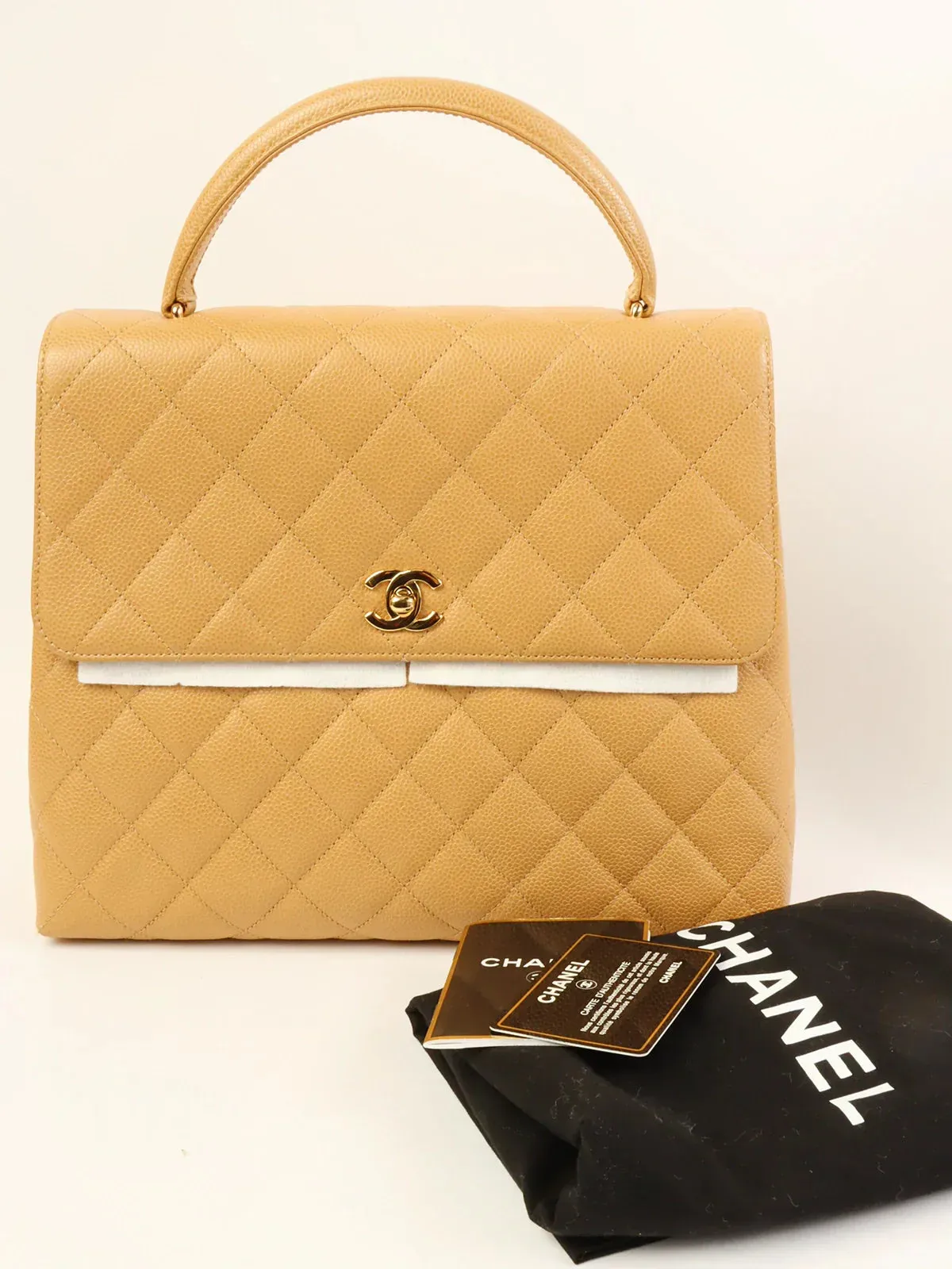 CHANEL Around 2000 Made Ciaviar Skin Stright Flap Turn-Lock Top Handle Bag Beige