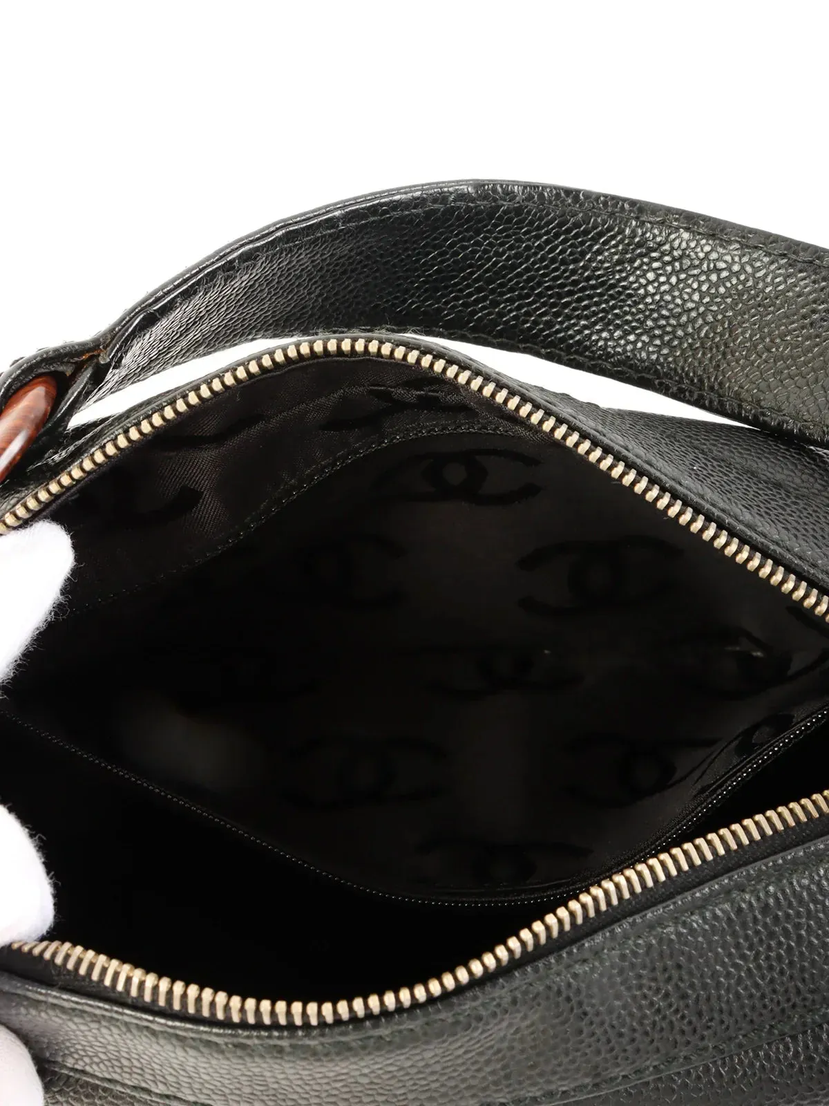 CHANEL Around 2002 Made Caviar Skin Cc Mark Stitch Wood Chain Top Handle Bag Black