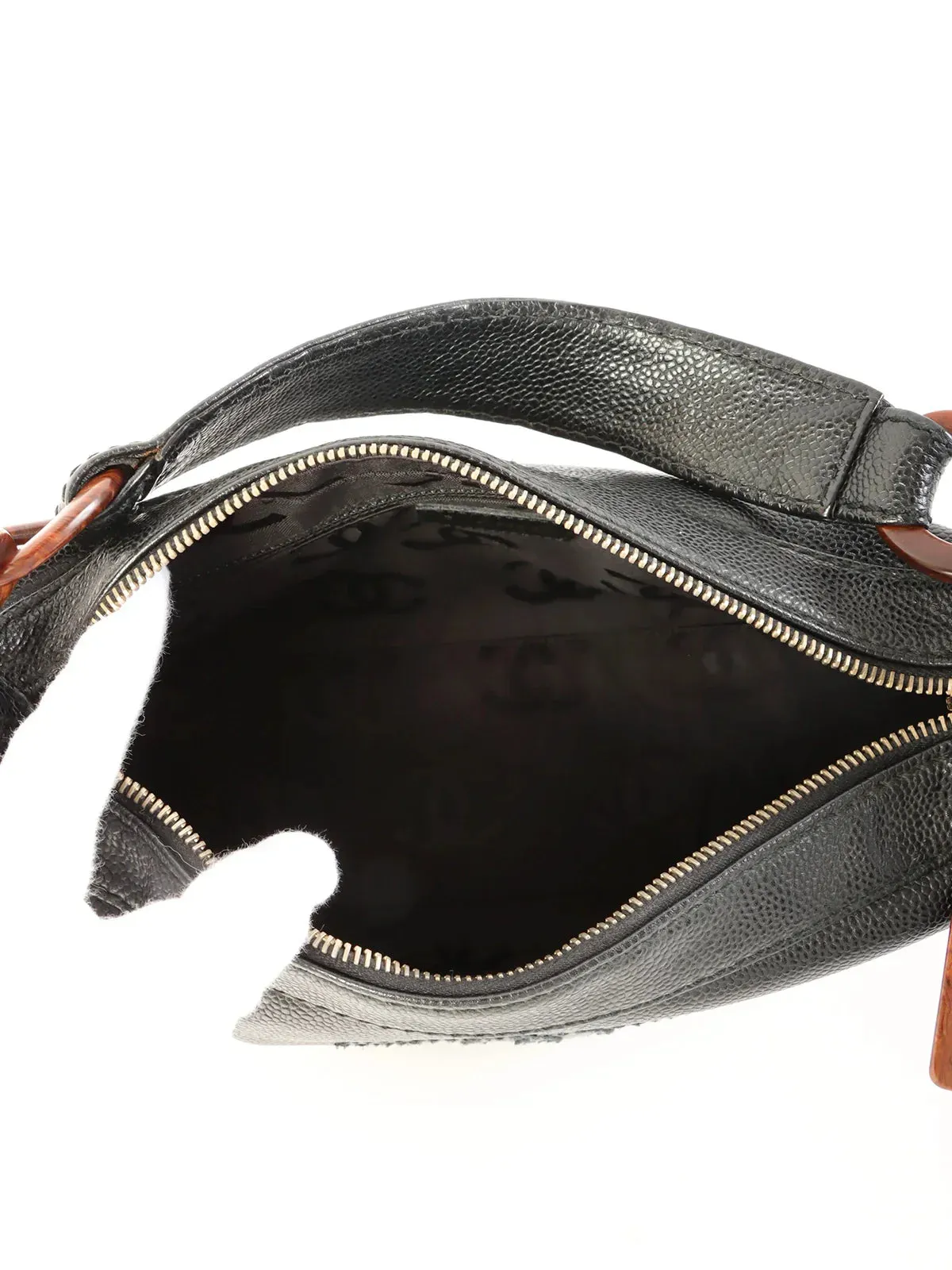 CHANEL Around 2002 Made Caviar Skin Cc Mark Stitch Wood Chain Top Handle Bag Black