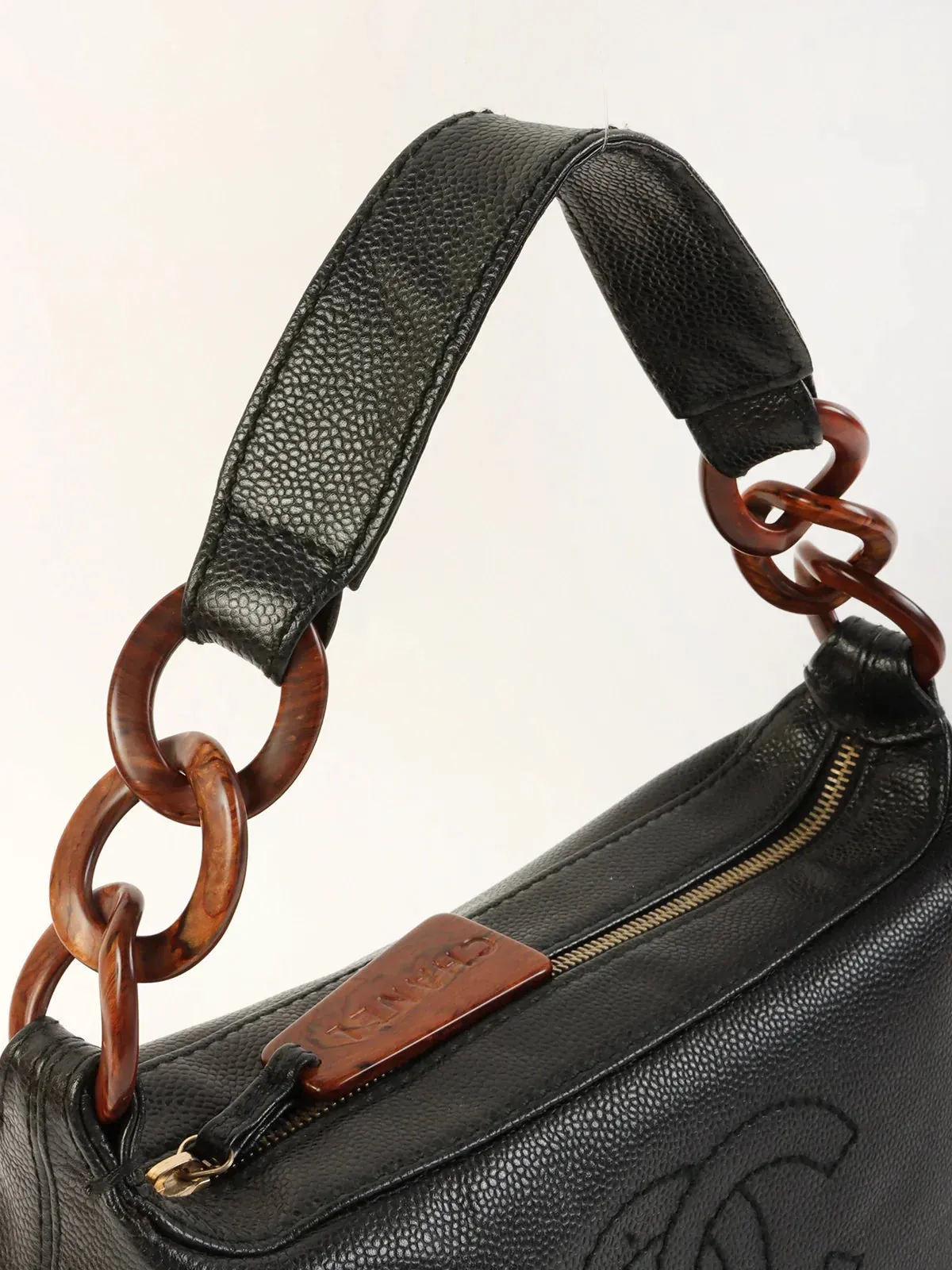 CHANEL Around 2002 Made Caviar Skin Cc Mark Stitch Wood Chain Top Handle Bag Black