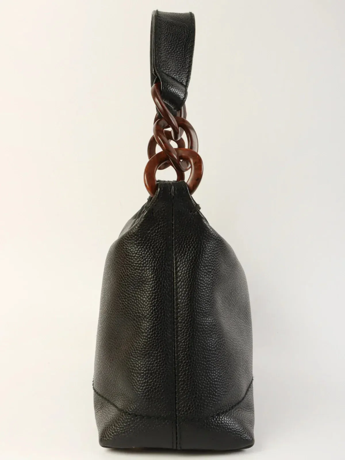 CHANEL Around 2002 Made Caviar Skin Cc Mark Stitch Wood Chain Top Handle Bag Black