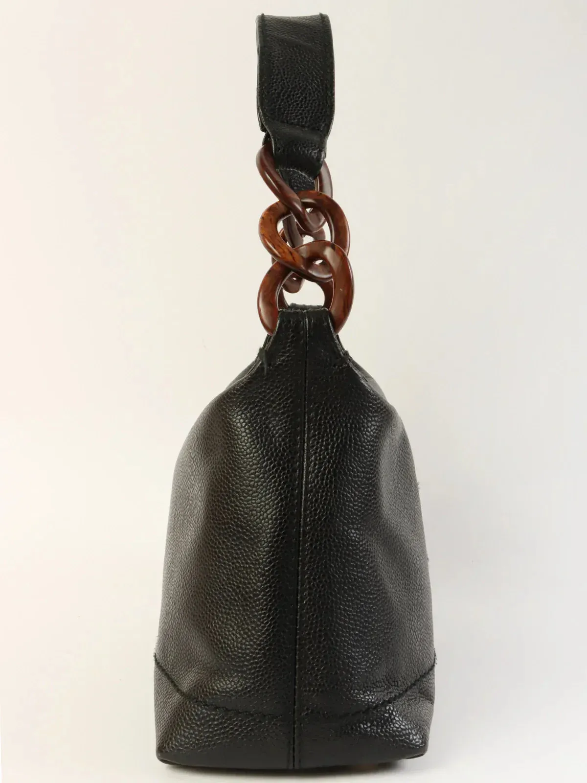 CHANEL Around 2002 Made Caviar Skin Cc Mark Stitch Wood Chain Top Handle Bag Black