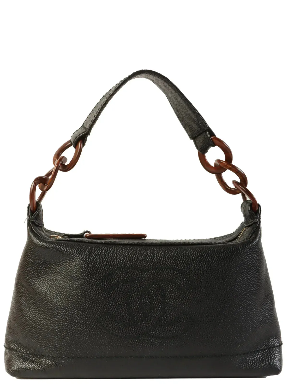 CHANEL Around 2002 Made Caviar Skin Cc Mark Stitch Wood Chain Top Handle Bag Black