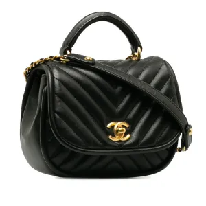 Chanel Coco Mark Chevron Top Handle Chain Shoulder Bag Black Leather