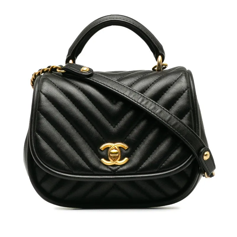 Chanel Coco Mark Chevron Top Handle Chain Shoulder Bag Black Leather