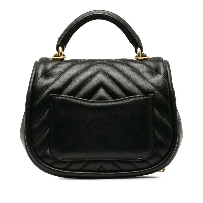 Chanel Coco Mark Chevron Top Handle Chain Shoulder Bag Black Leather