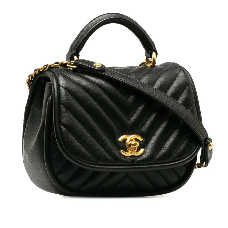 Chanel Coco Mark Chevron Top Handle Chain Shoulder Bag Black Leather
