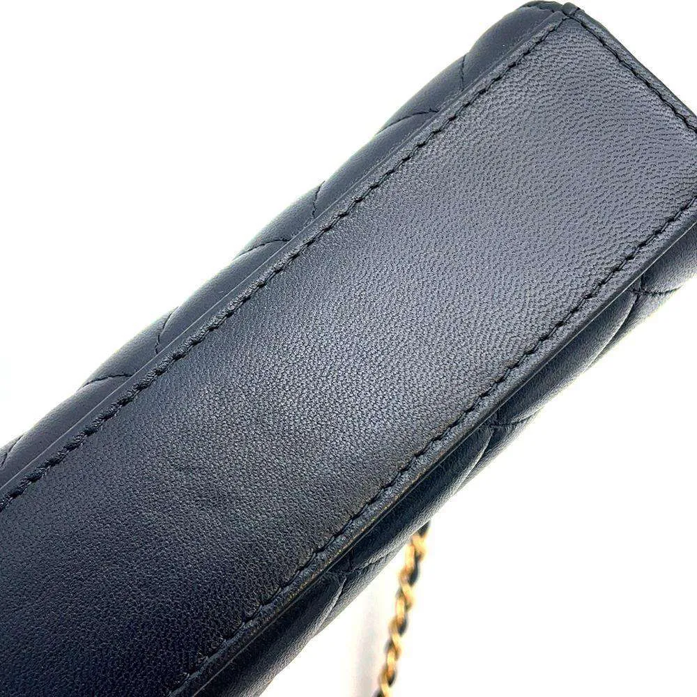 CHANEL Matelasse Pearl Logo Top Handle ChainShoulder Bag Black AP3513 Lambskin