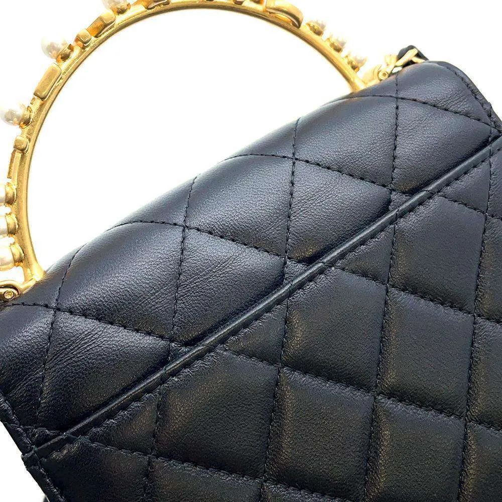 CHANEL Matelasse Pearl Logo Top Handle ChainShoulder Bag Black AP3513 Lambskin