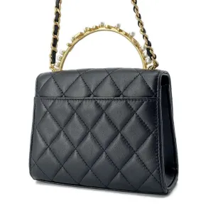CHANEL Matelasse Pearl Logo Top Handle ChainShoulder Bag Black AP3513 Lambskin