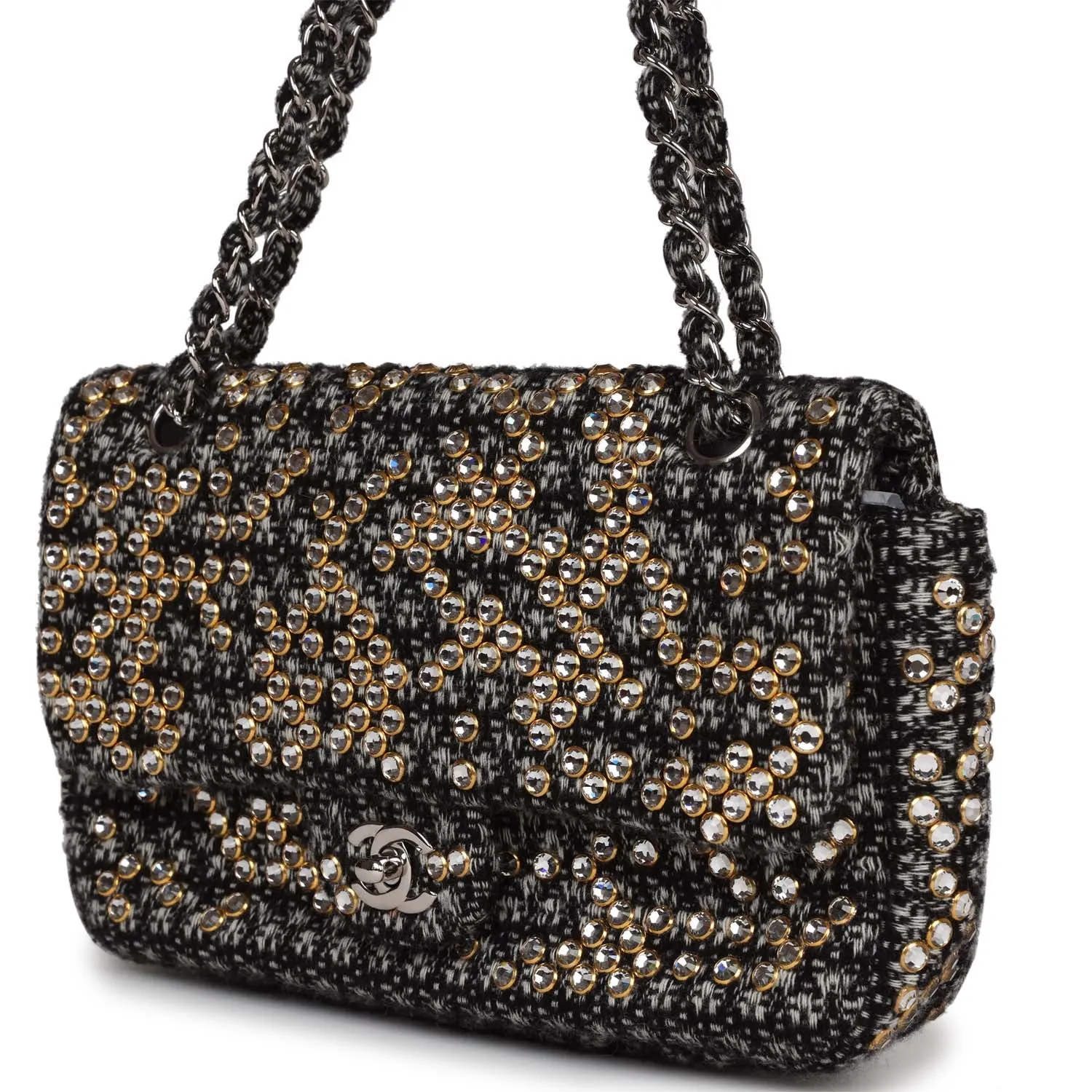 Chanel Medium Single Flap Black and White Tweed With Crystals Silver Hardware