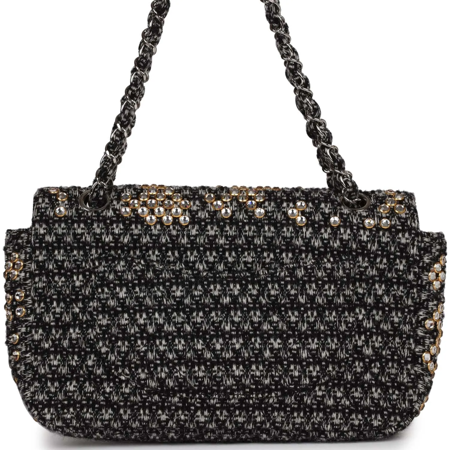 Chanel Medium Single Flap Black and White Tweed With Crystals Silver Hardware