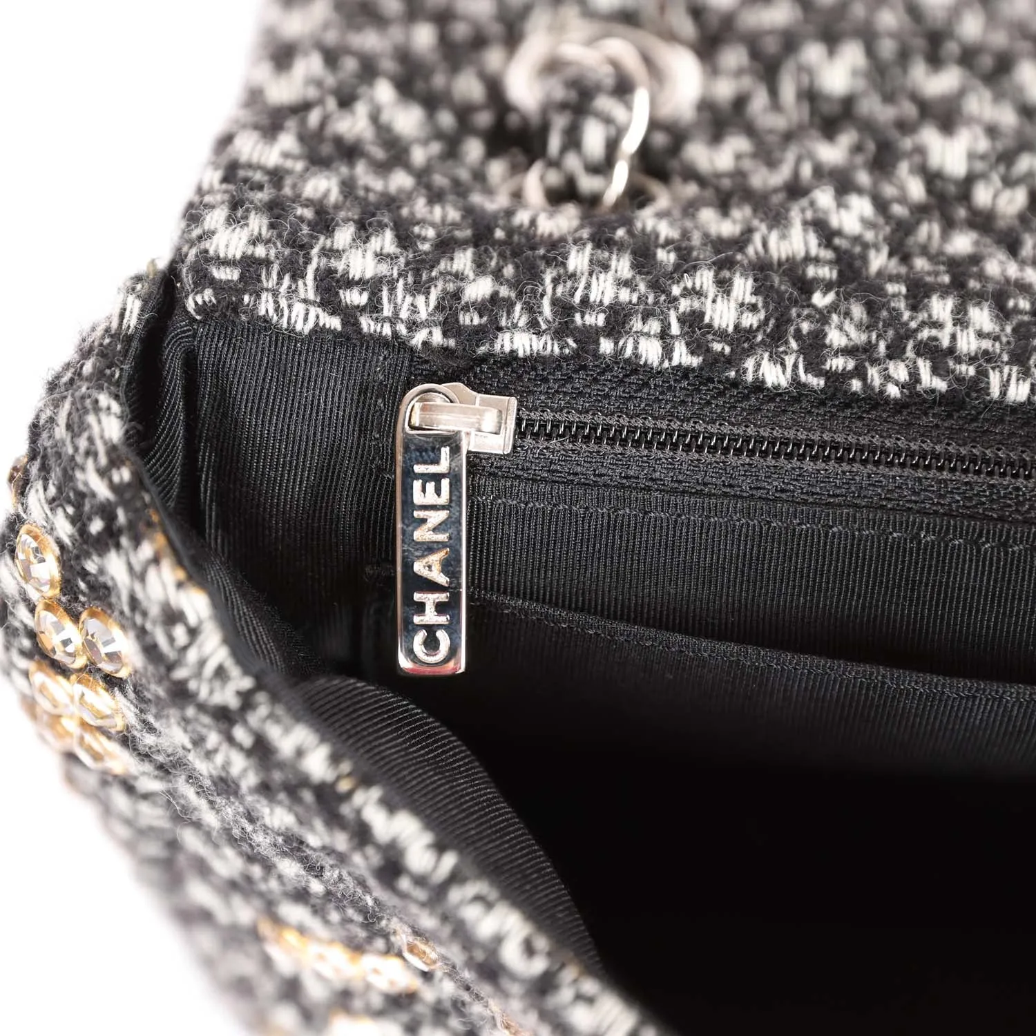 Chanel Medium Single Flap Black and White Tweed With Crystals Silver Hardware
