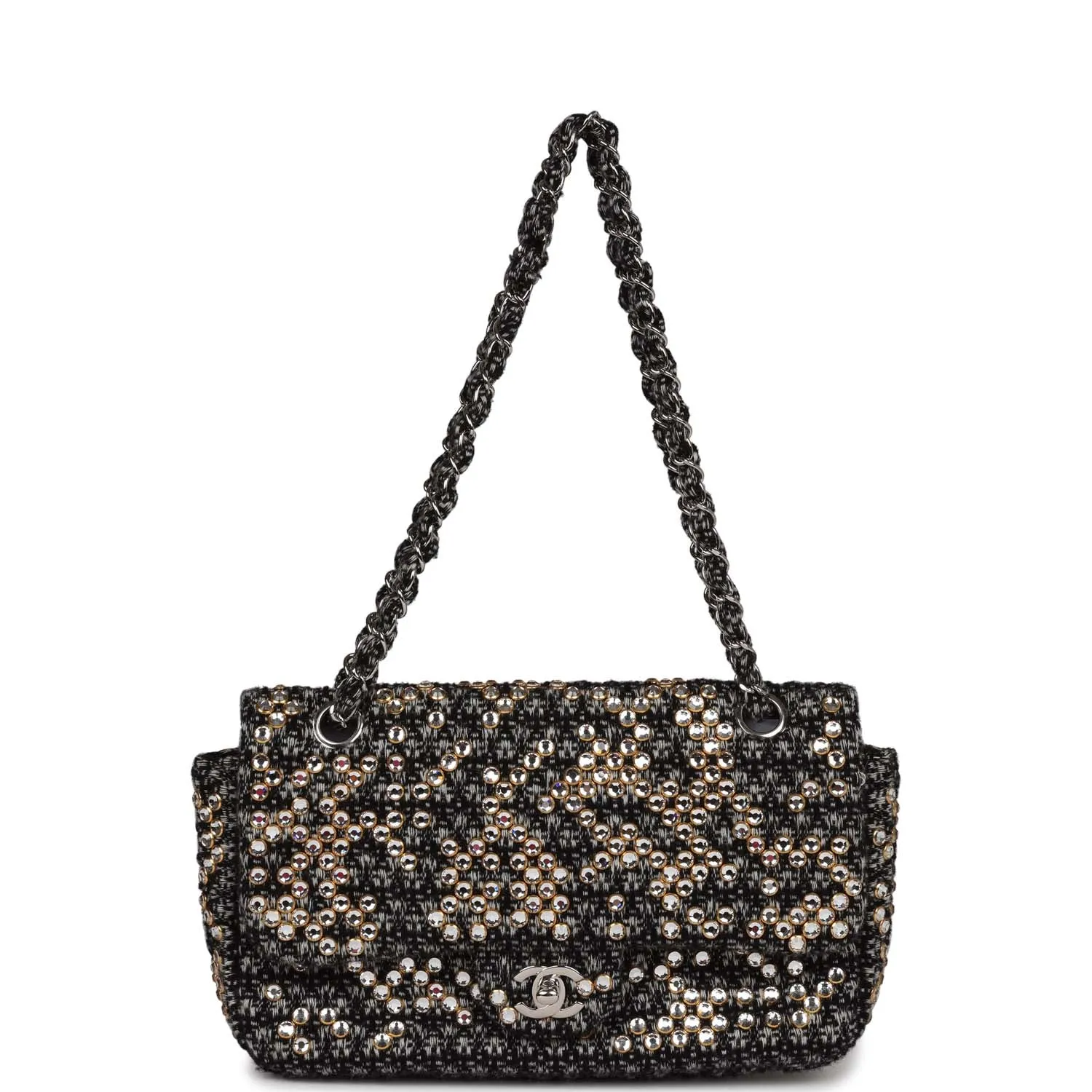 Chanel Medium Single Flap Black and White Tweed With Crystals Silver Hardware