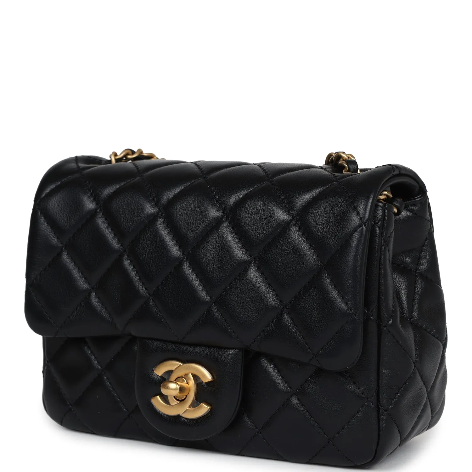 Chanel Mini Square Pearl Crush Flap Bag Black Lambskin Anitque Gold Hardware