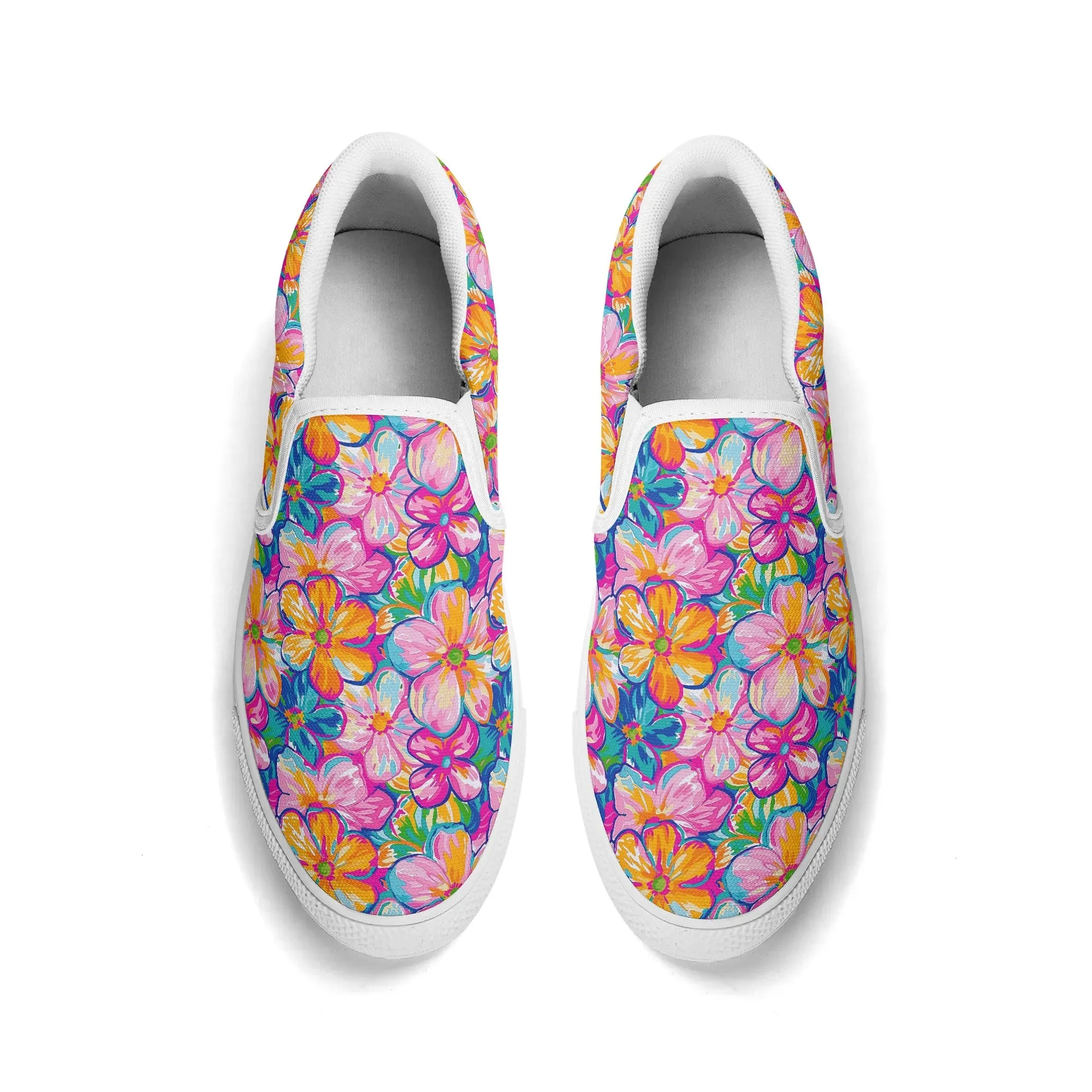 Chromatic Blossoms: Large Watercolor Flowers in Mixed Pinks, Blues, and Oranges Womens Canvas Slip On Shoes US5-US12