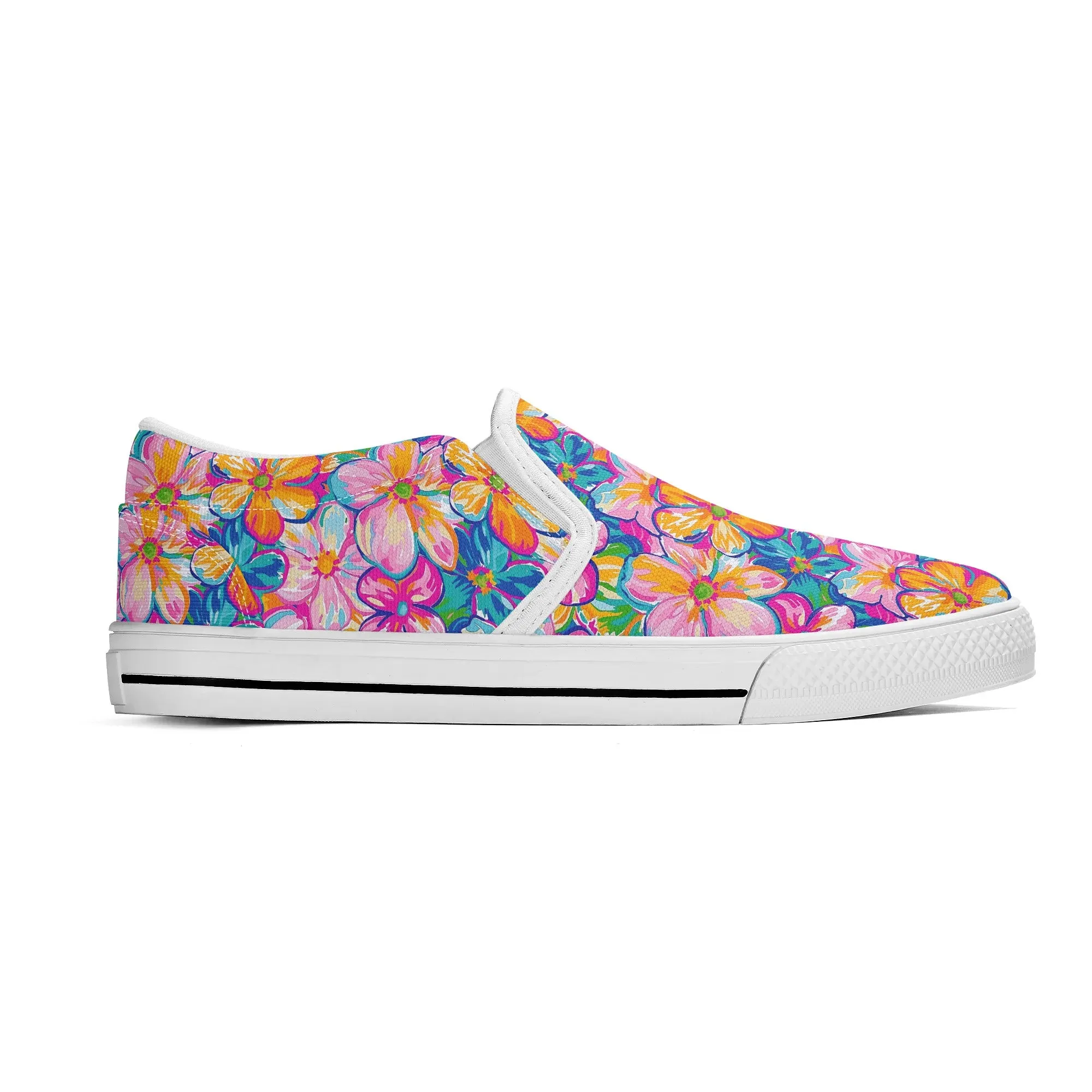 Chromatic Blossoms: Large Watercolor Flowers in Mixed Pinks, Blues, and Oranges Womens Canvas Slip On Shoes US5-US12