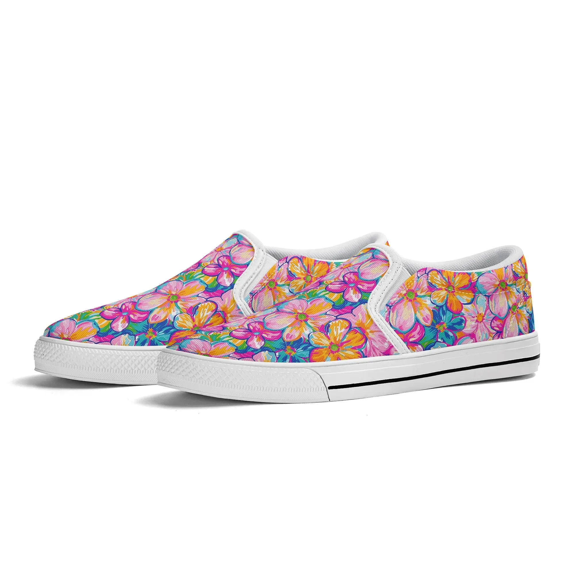 Chromatic Blossoms: Large Watercolor Flowers in Mixed Pinks, Blues, and Oranges Womens Canvas Slip On Shoes US5-US12