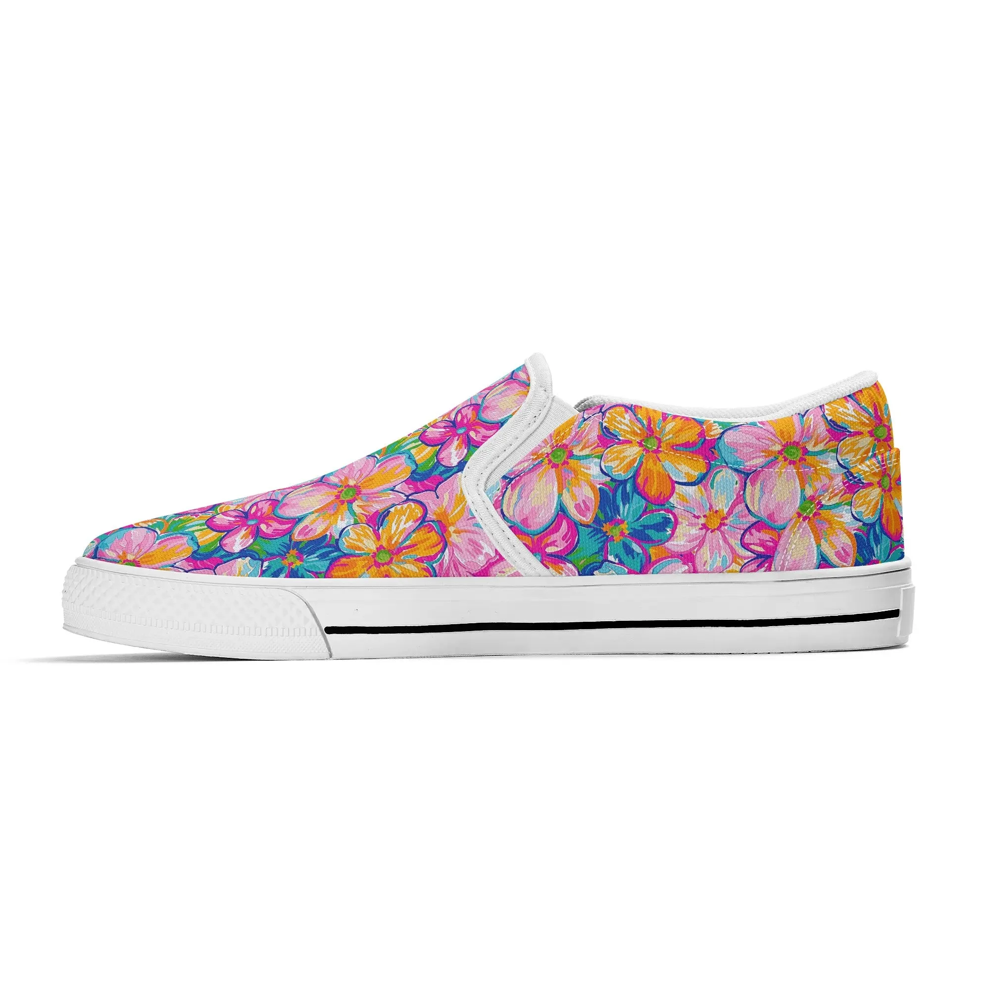 Chromatic Blossoms: Large Watercolor Flowers in Mixed Pinks, Blues, and Oranges Womens Canvas Slip On Shoes US5-US12