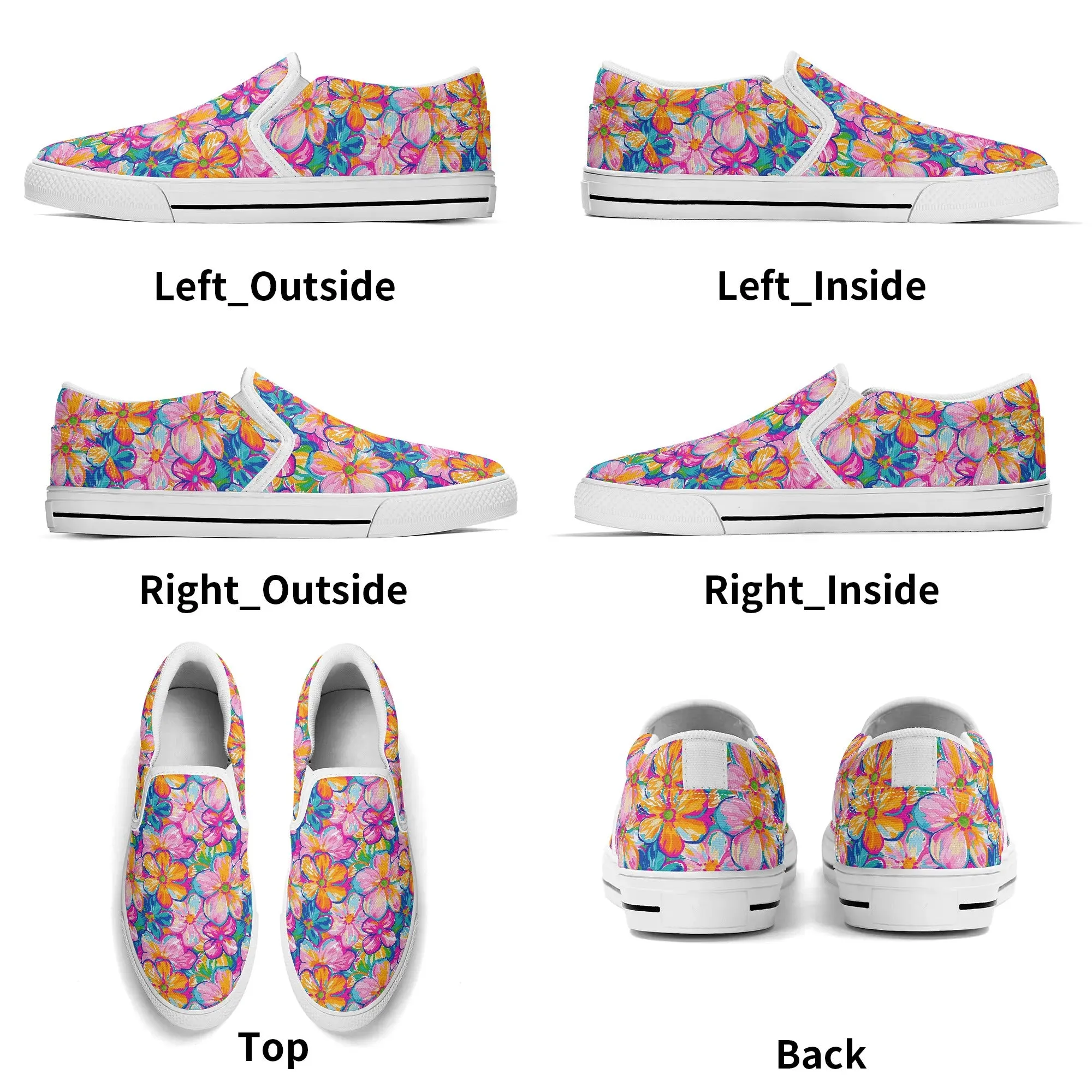 Chromatic Blossoms: Large Watercolor Flowers in Mixed Pinks, Blues, and Oranges Womens Canvas Slip On Shoes US5-US12