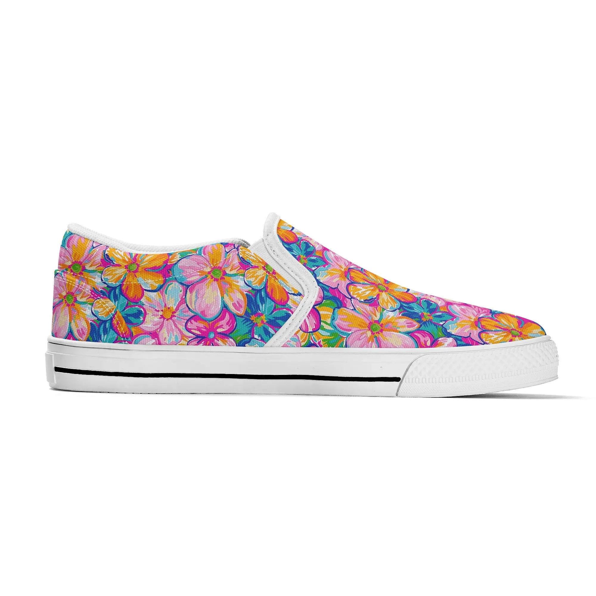 Chromatic Blossoms: Large Watercolor Flowers in Mixed Pinks, Blues, and Oranges Womens Canvas Slip On Shoes US5-US12