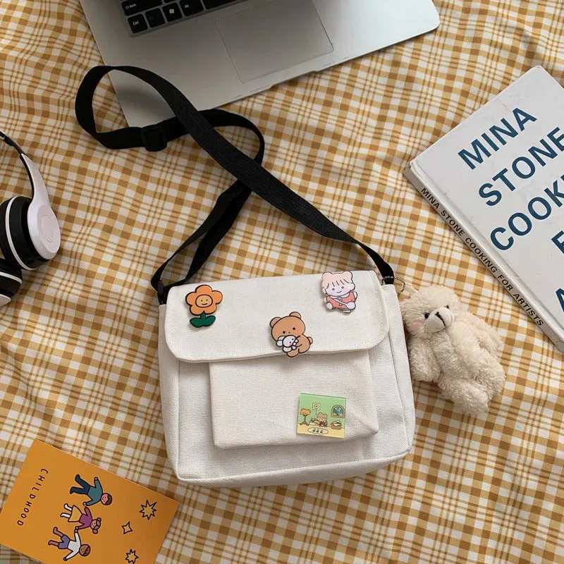 Cute Mini Cartoon Canvas Flap Cross-body Messenger Bags with Badges