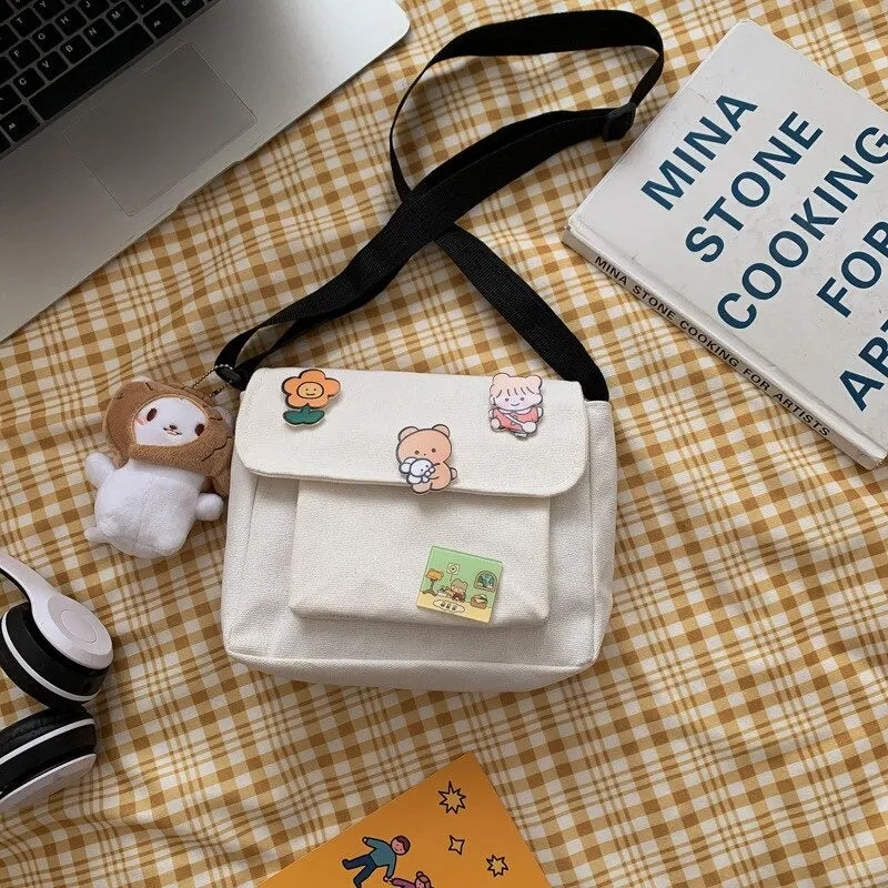 Cute Mini Cartoon Canvas Flap Cross-body Messenger Bags with Badges