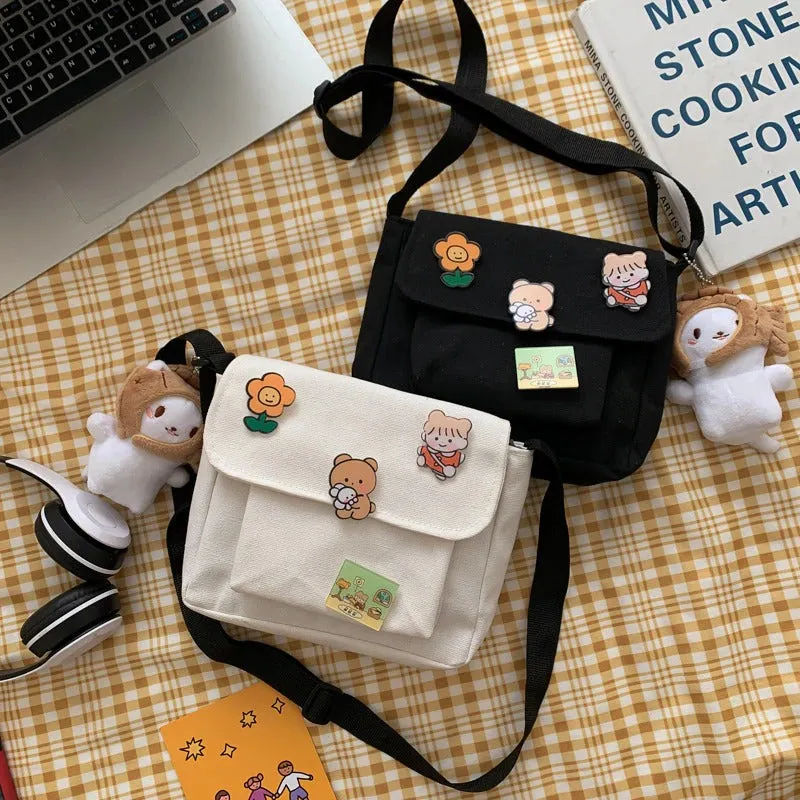 Cute Mini Cartoon Canvas Flap Cross-body Messenger Bags with Badges