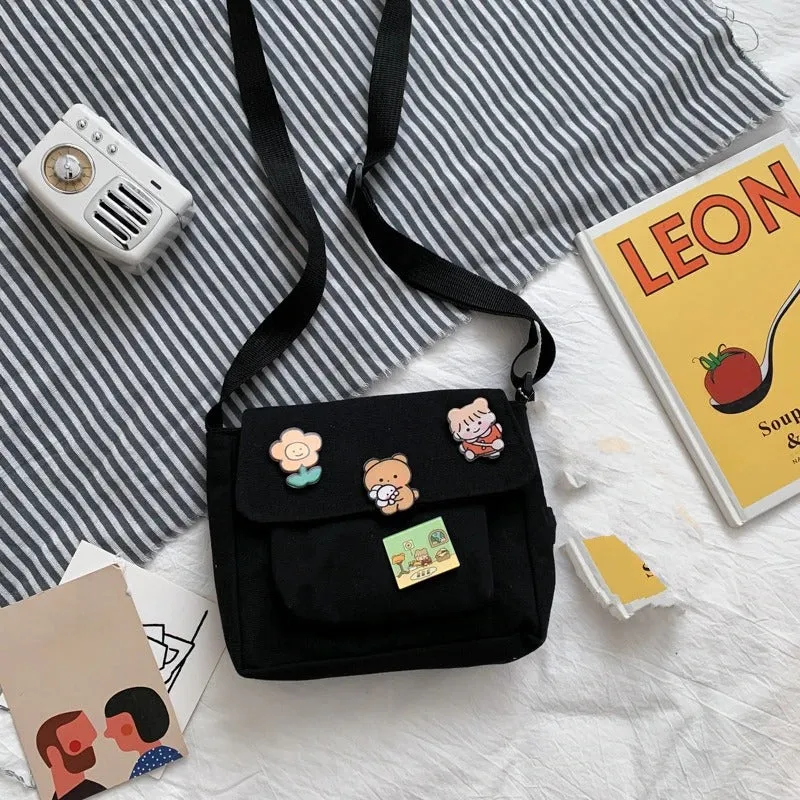 Cute Mini Cartoon Canvas Flap Cross-body Messenger Bags with Badges