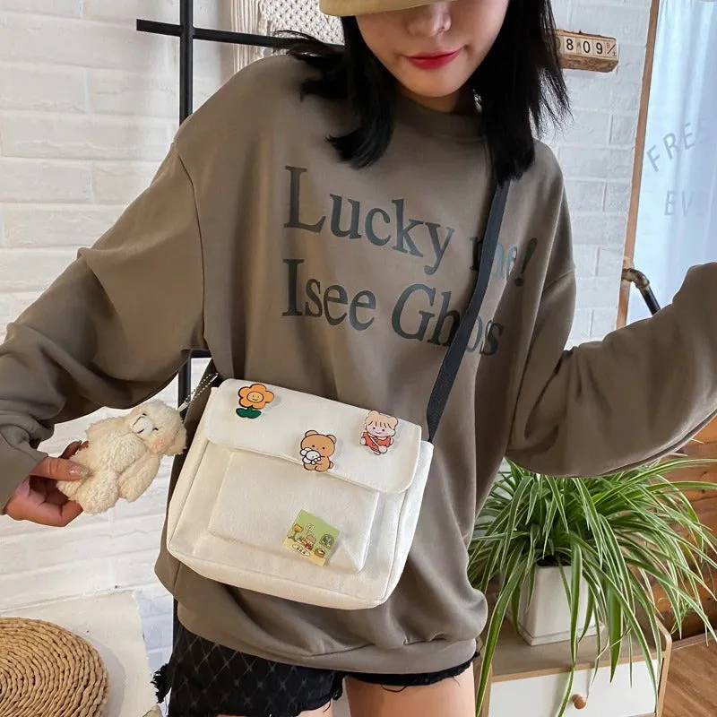 Cute Mini Cartoon Canvas Flap Cross-body Messenger Bags with Badges