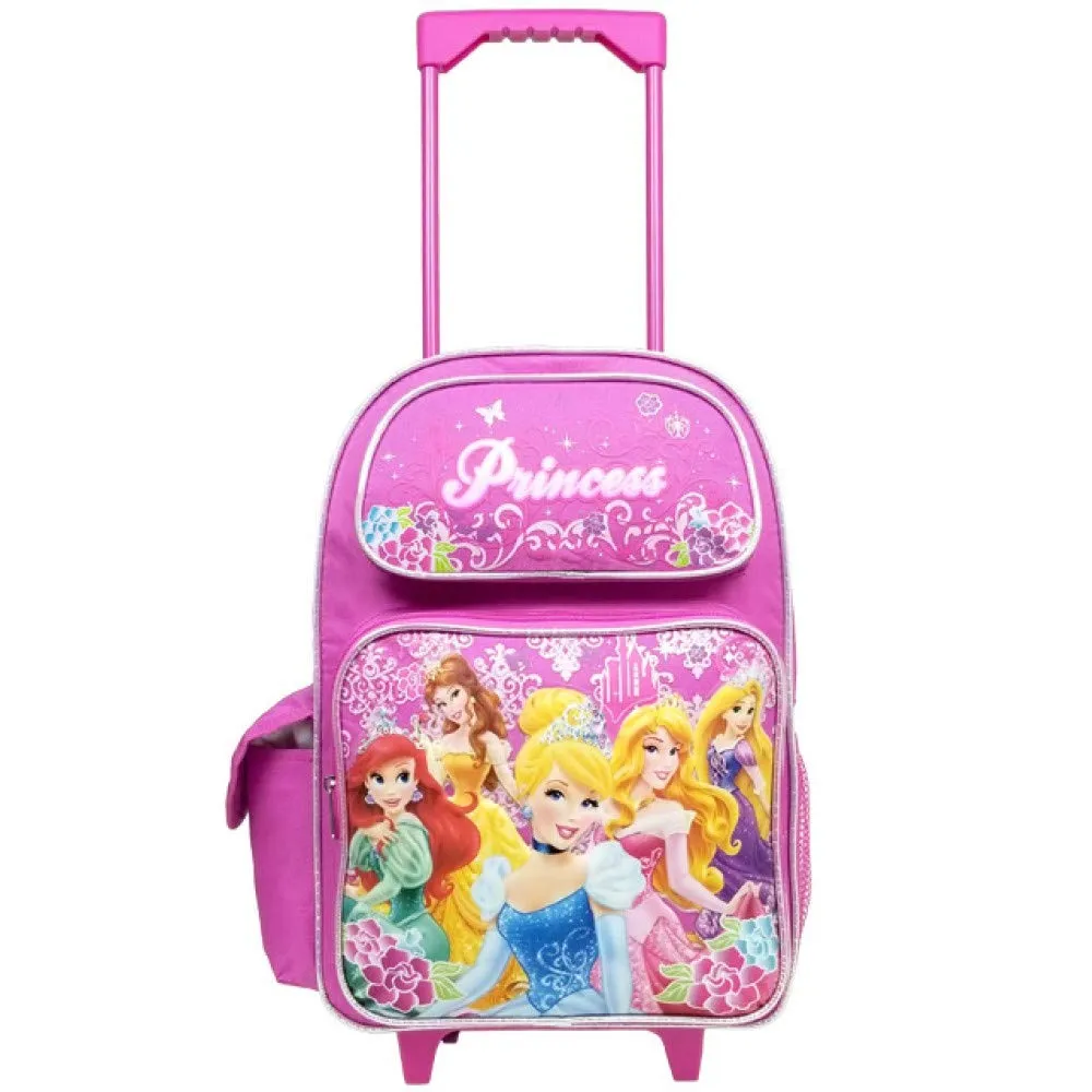 Disney Large Rolling Backpack Princess w/ Flowers Pink School Bag New a03887