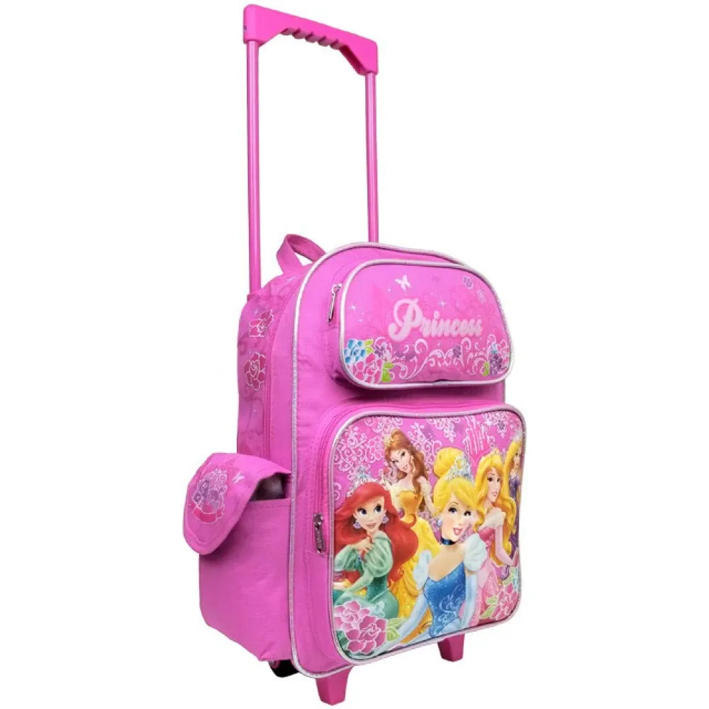 Disney Large Rolling Backpack Princess w/ Flowers Pink School Bag New a03887