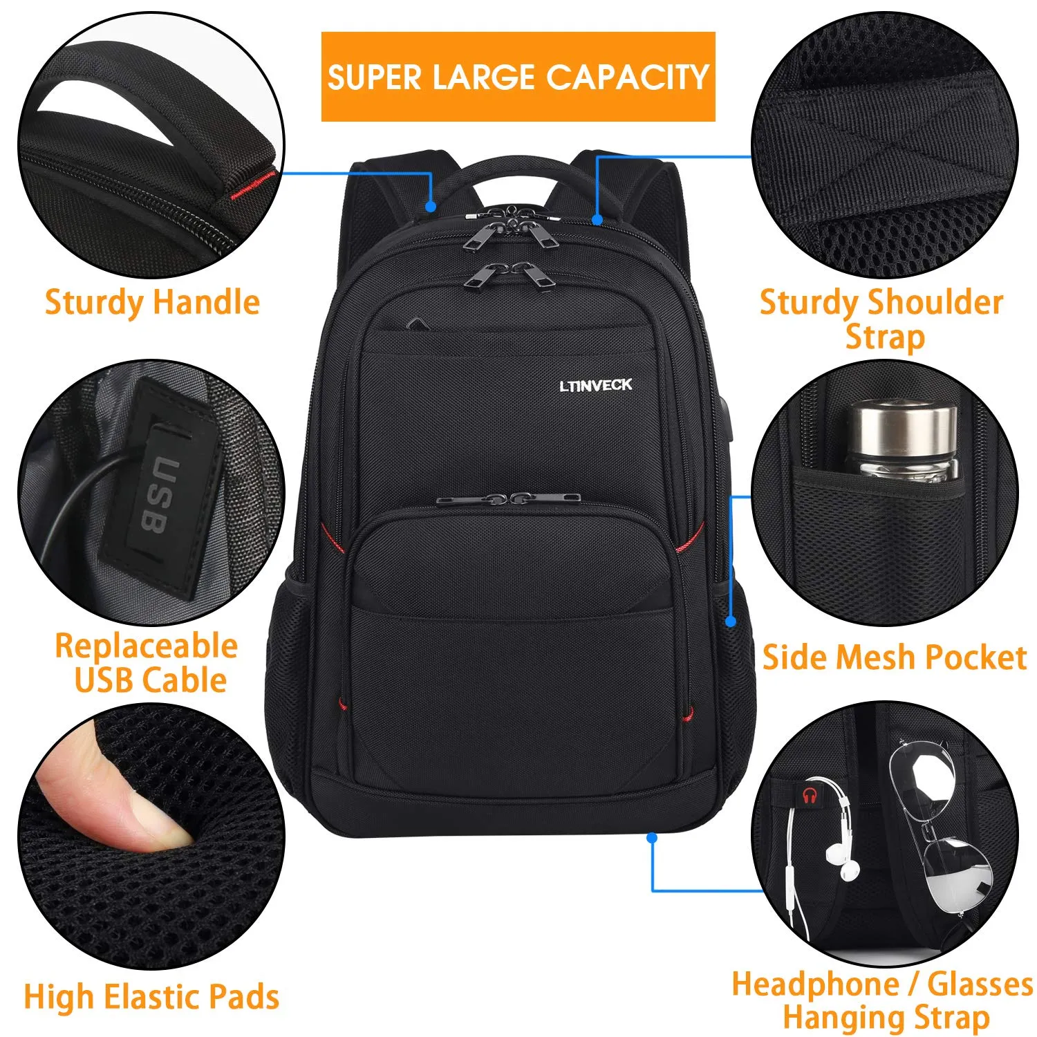 Extra Large Backpack, 17.3 inch Travel Laptop Computer Backpack for Men Women, TSA Durable USB Port Backpack with Luggage Sleeve, Heavy Duty 45L Big Business College School Bookbag Fits 17 Inch Laptops