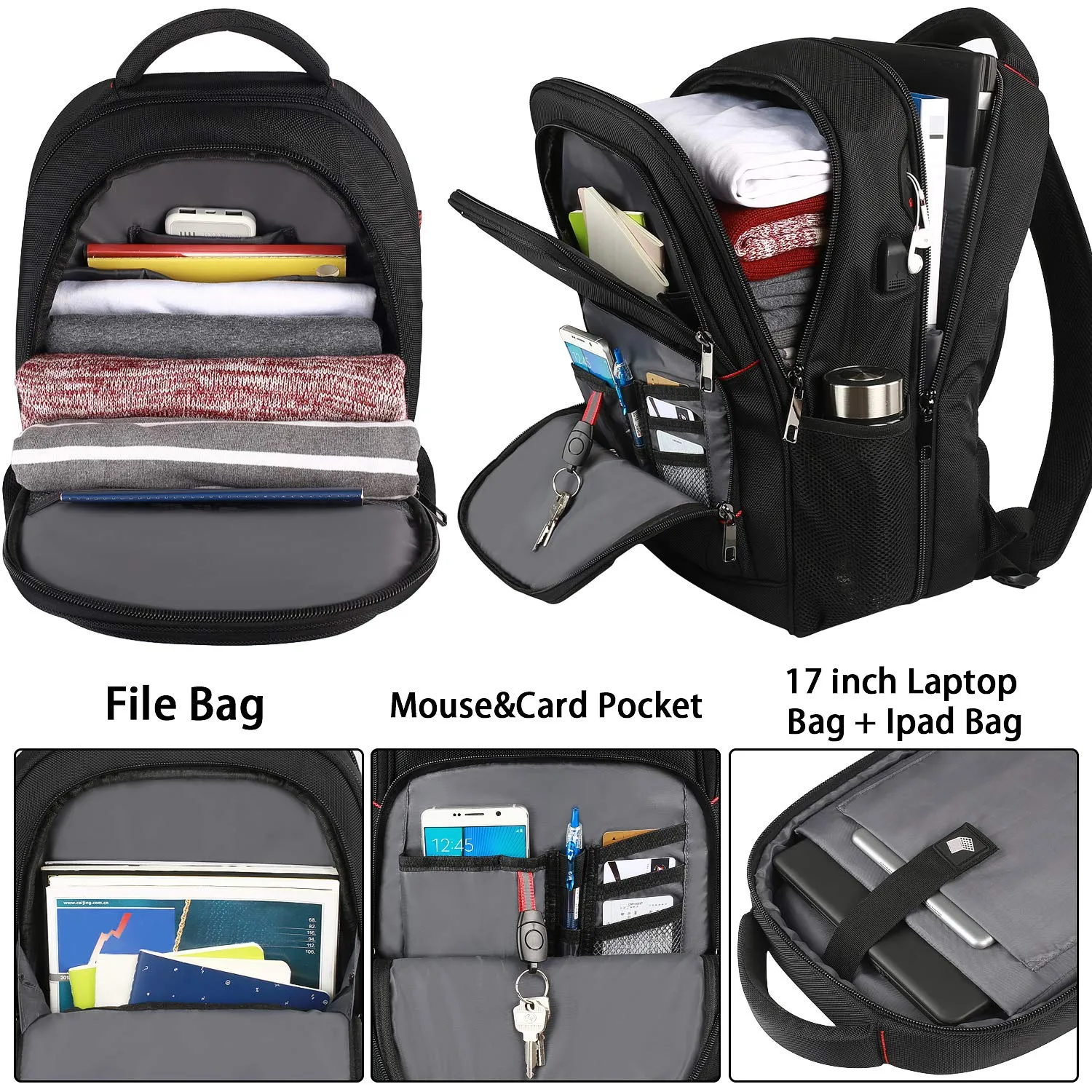 Extra Large Backpack, 17.3 inch Travel Laptop Computer Backpack for Men Women, TSA Durable USB Port Backpack with Luggage Sleeve, Heavy Duty 45L Big Business College School Bookbag Fits 17 Inch Laptops